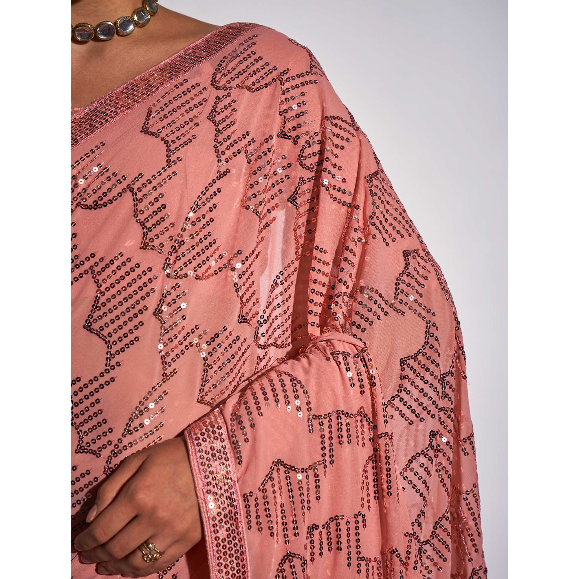 Peach Sequins Embroidered Georgette Saree
