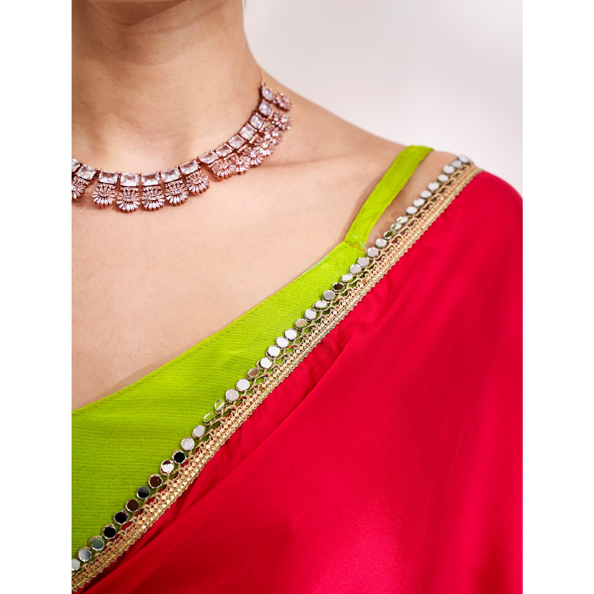 Pink & Green Solid Pure Silk Saree With Mirror Work Border