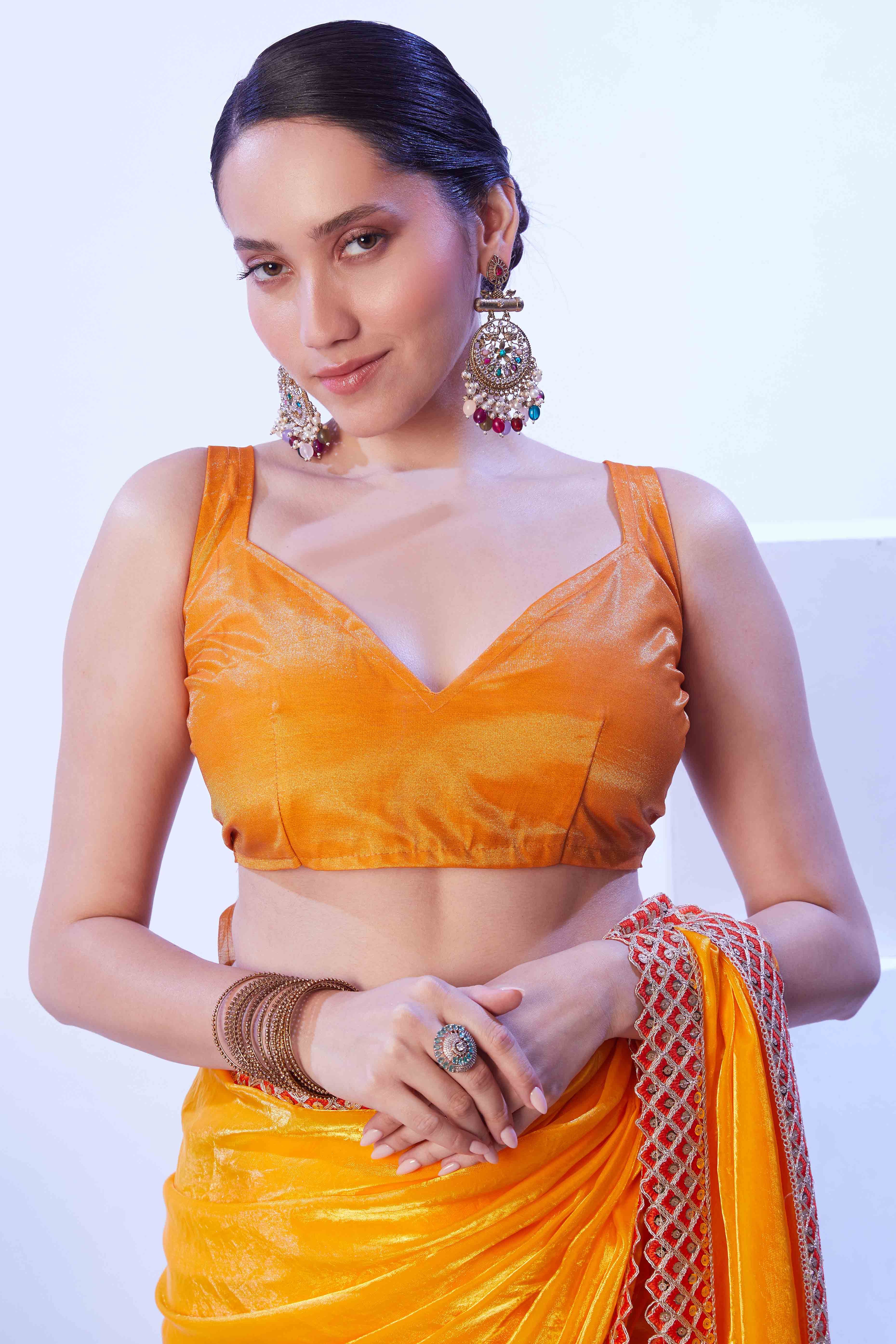 Bright Orange Satin Solid Embroidered Saree Adorned with Beads & Stones