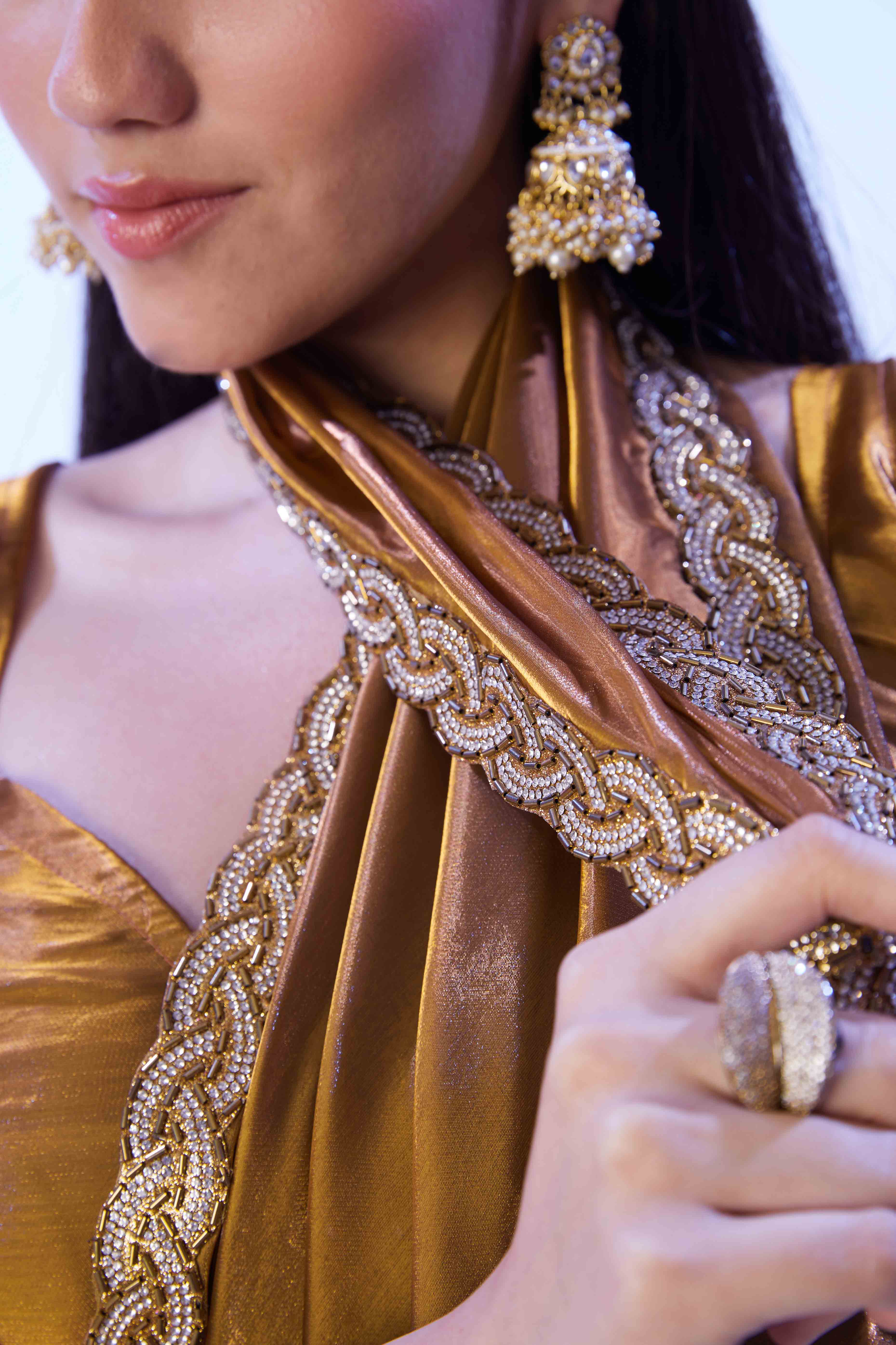 Copper Brown Satin Solid Embroidered Saree Adorned with Beads & Stones