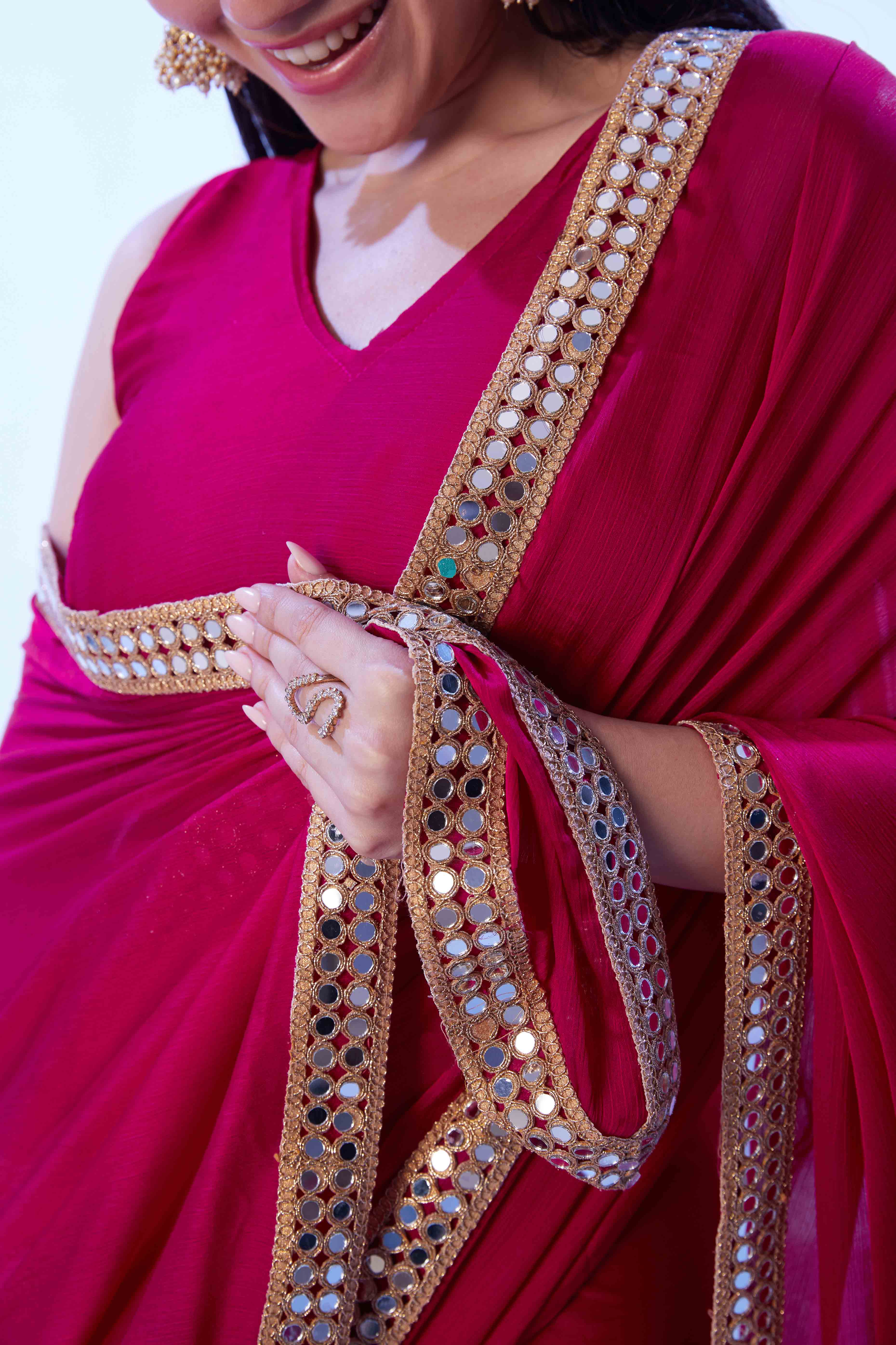 Hot Pink Satin Solid Saree Adorned with Mirror Work