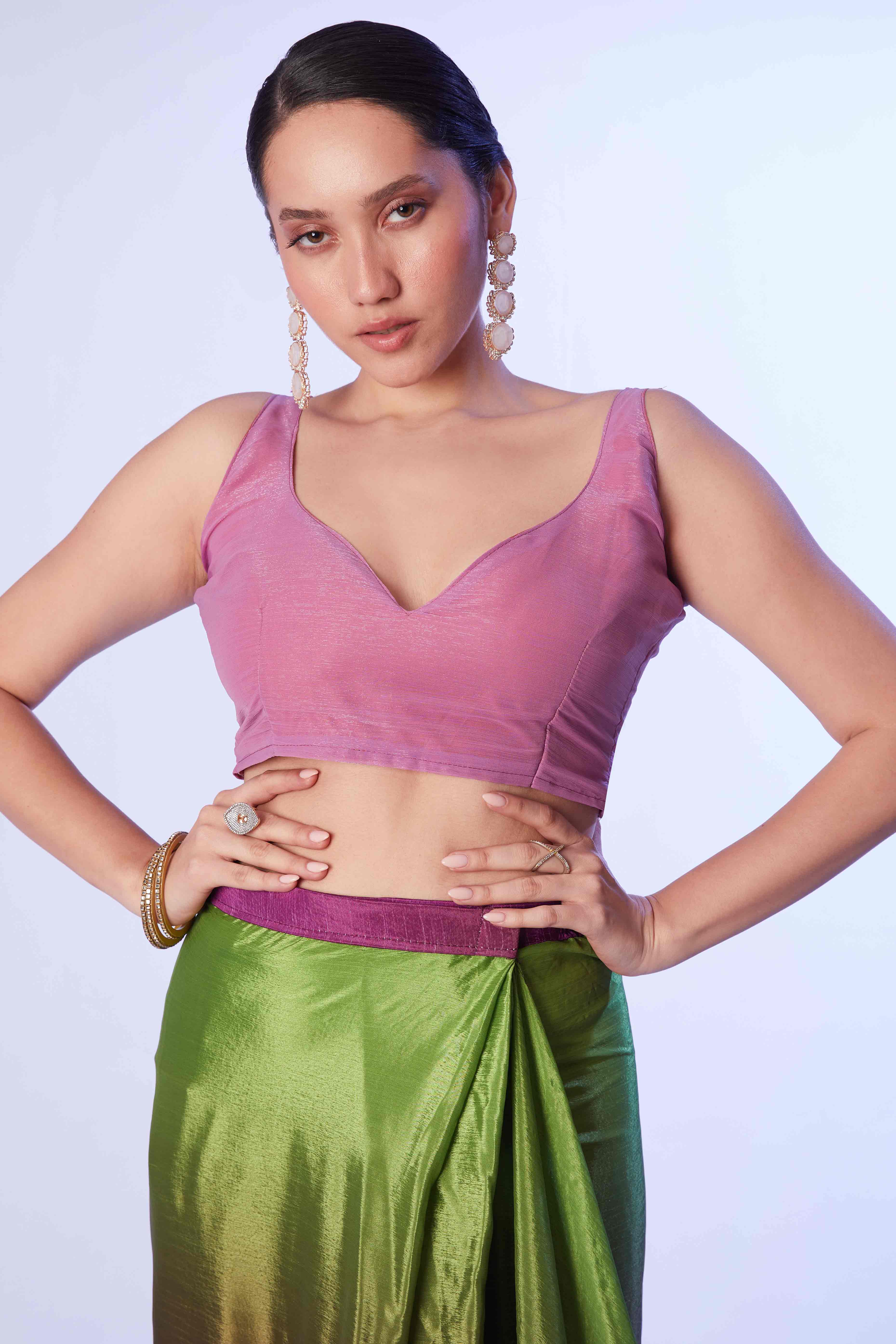 Green & Purple Ombre Bliss Chinon Solid Ready Made Saree