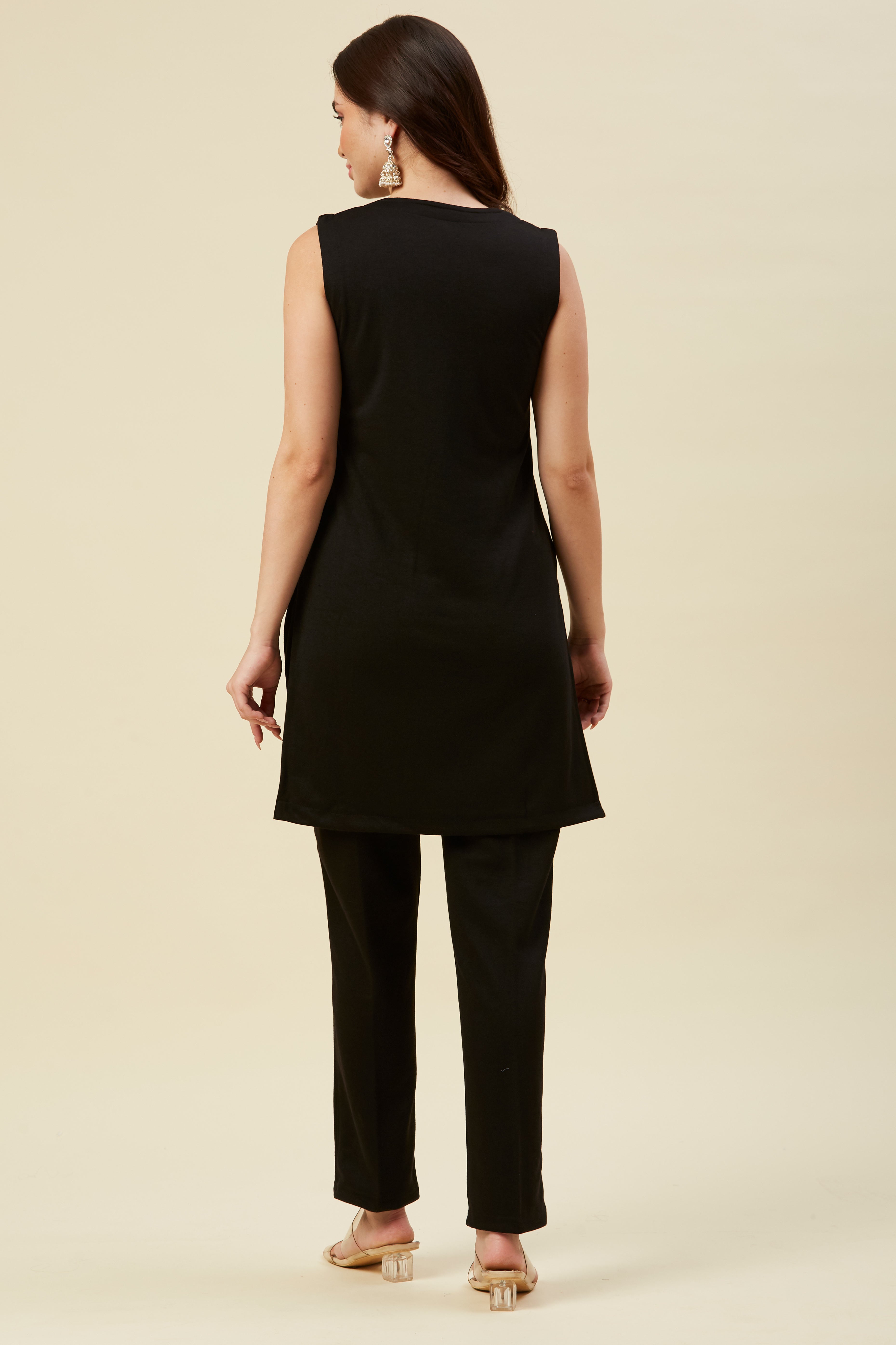 Black Woven Woolen Front Split Top Bottom Set