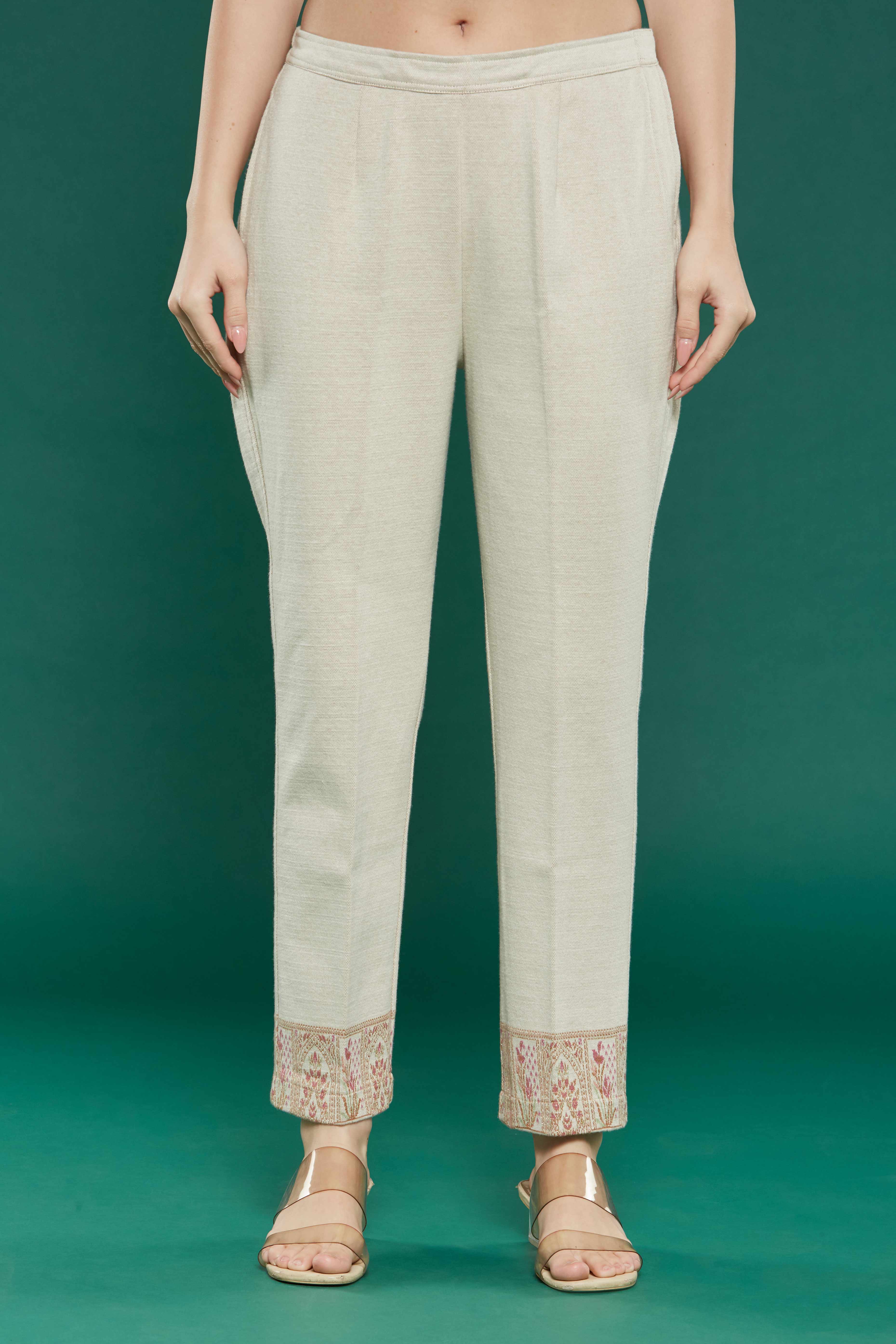 Beige Floral Woven Woolen Straight Salwar Suit