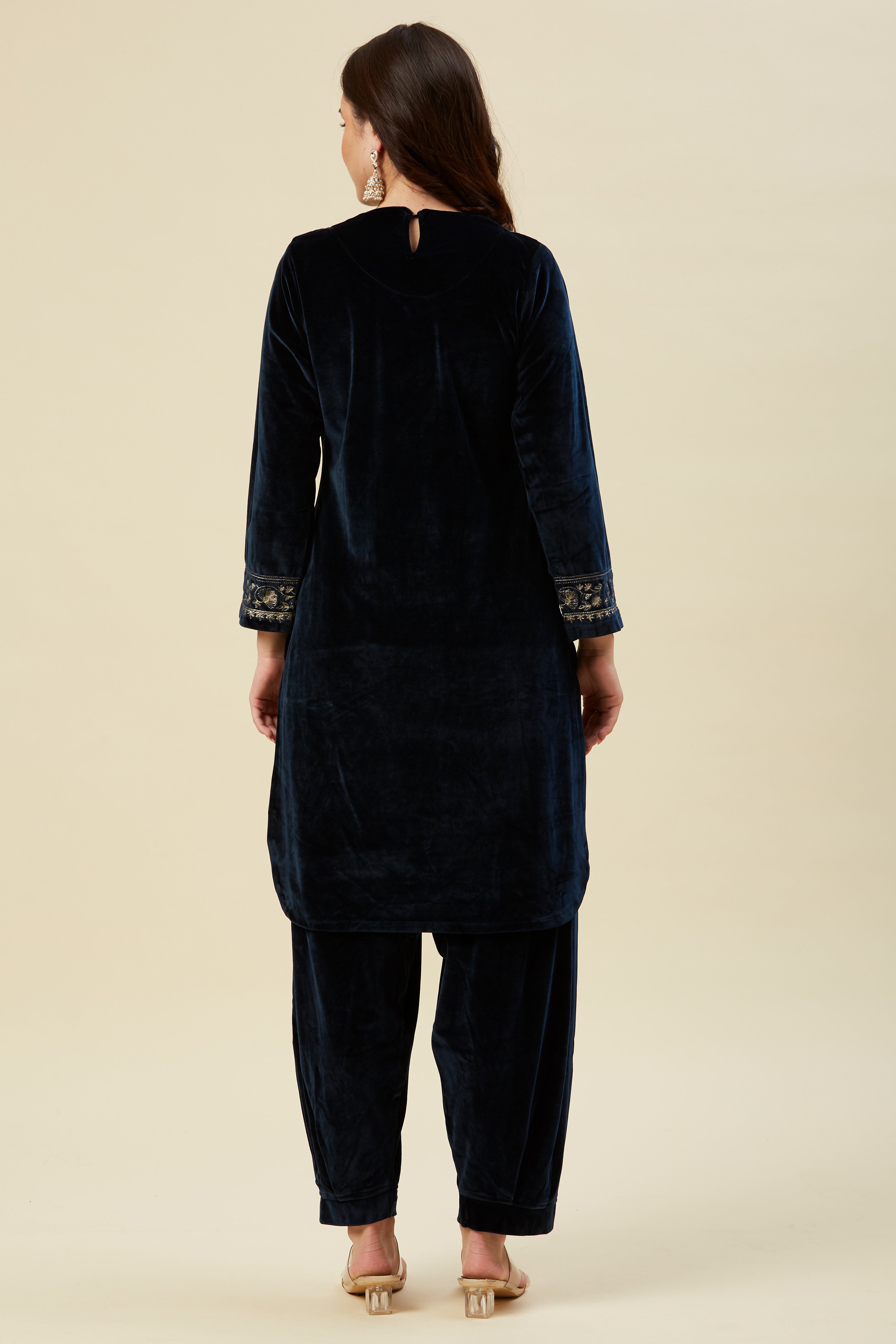 Navy Blue Embroidered Velvet Straight Salwar Suit