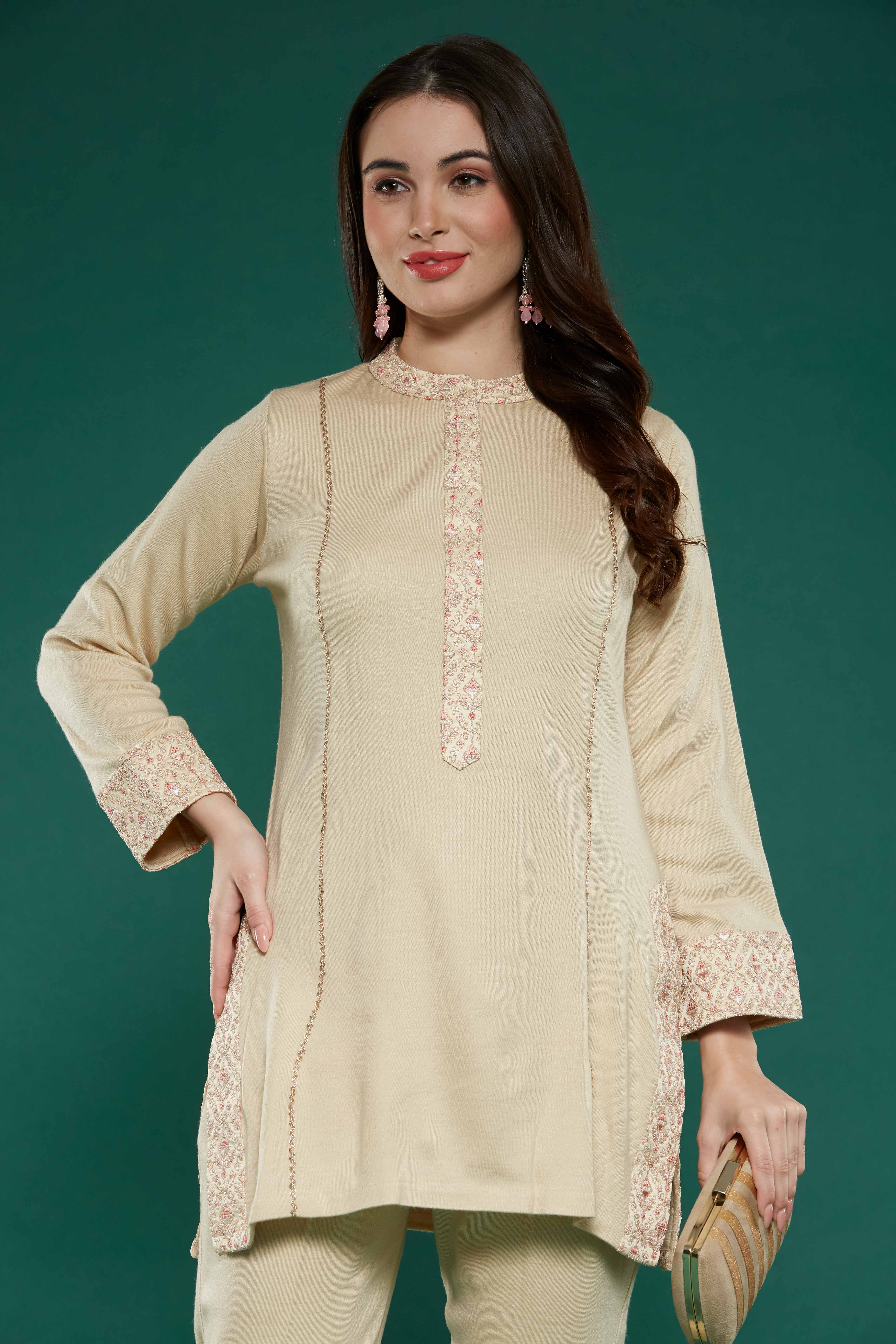 Beige Embroidered Woolen Straight Top Bottom Set