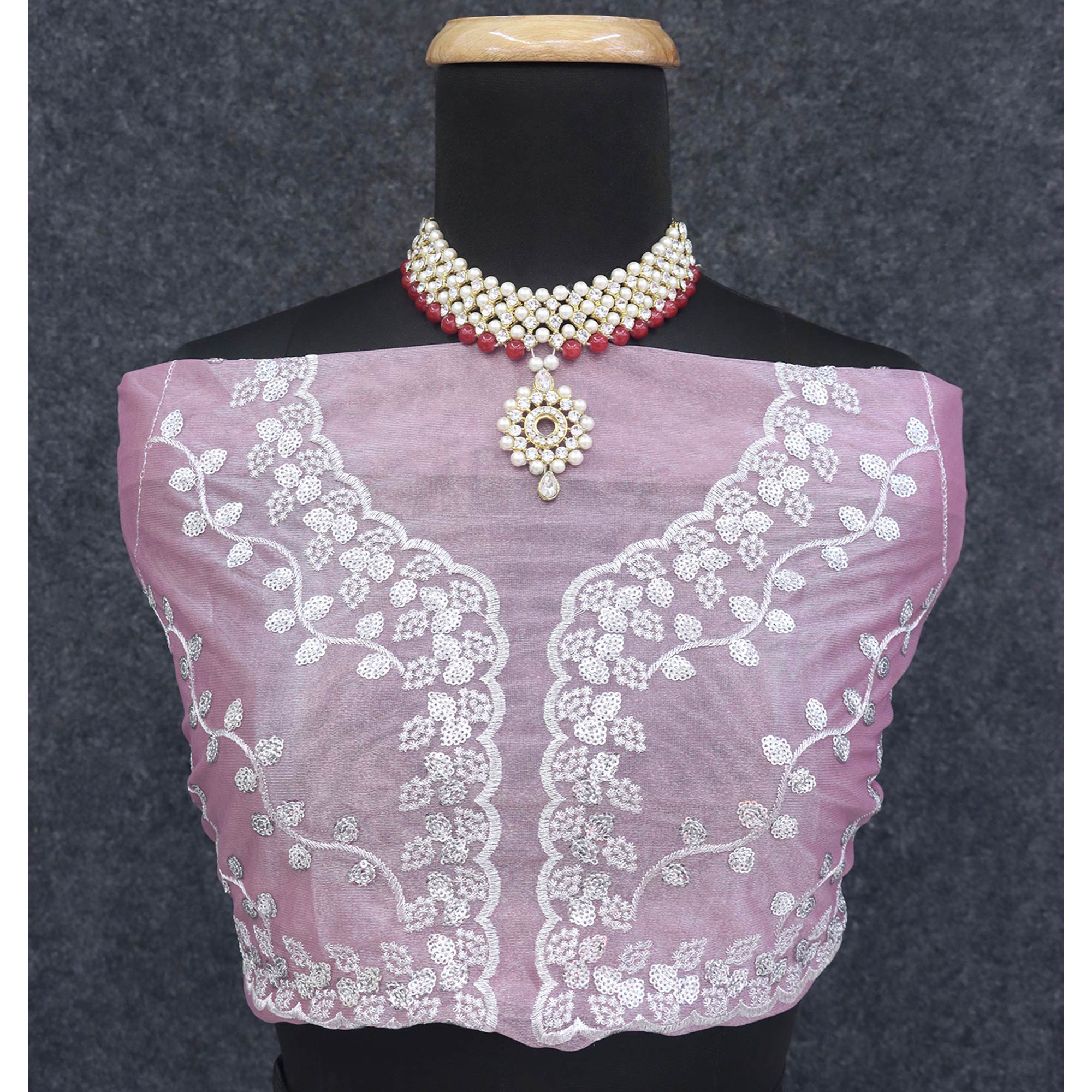 Mauve Floral Embroidered Net Saree