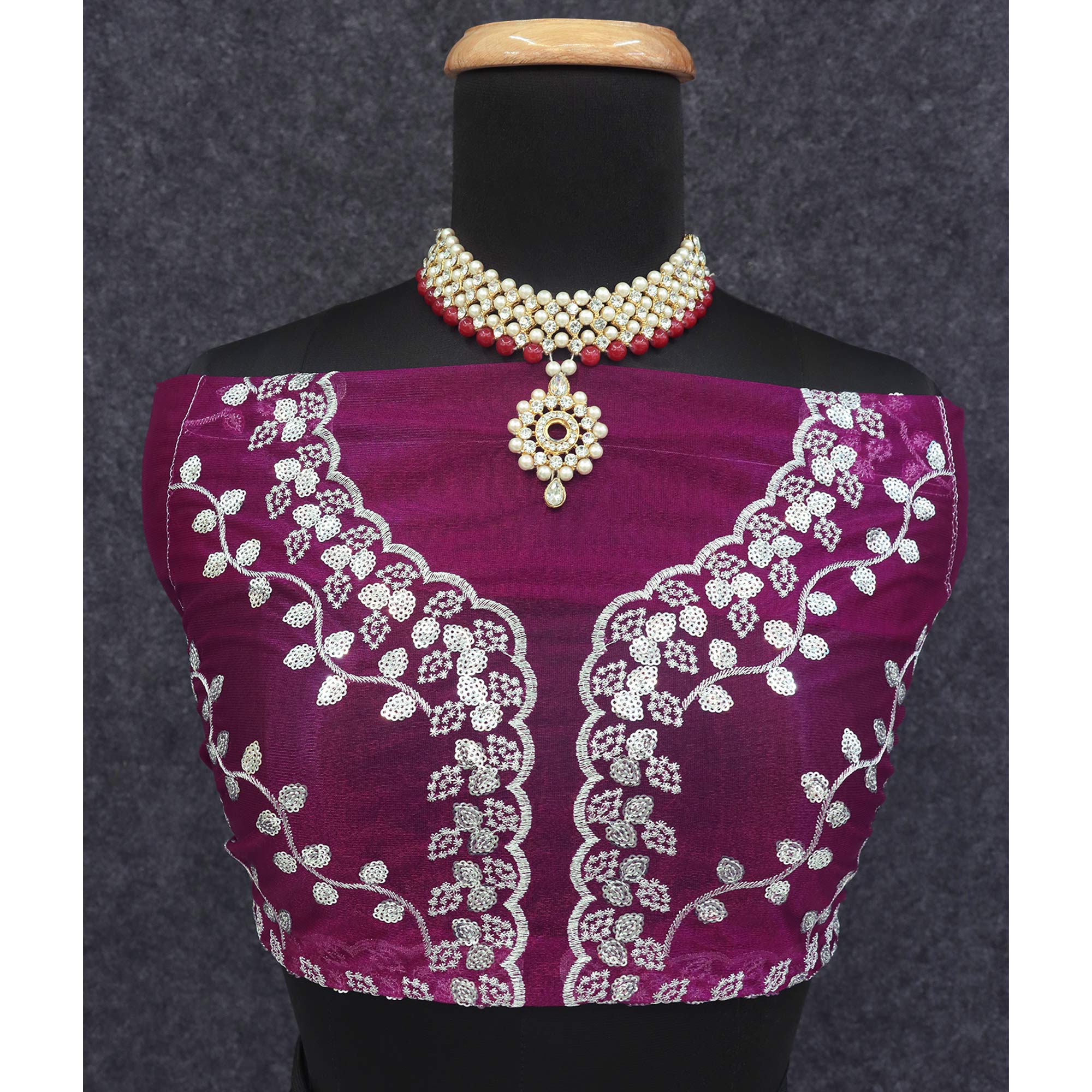 Purple Floral Embroidered Net Saree