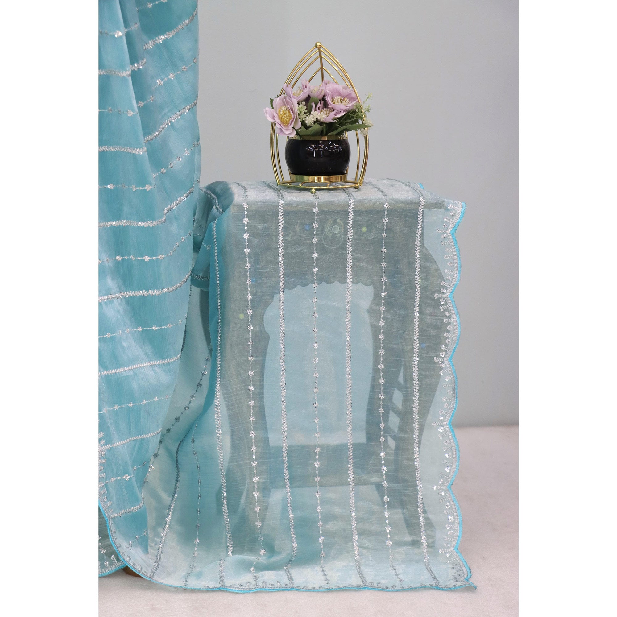 Sky Blue Sequins Work Embroidered Chiffon Saree