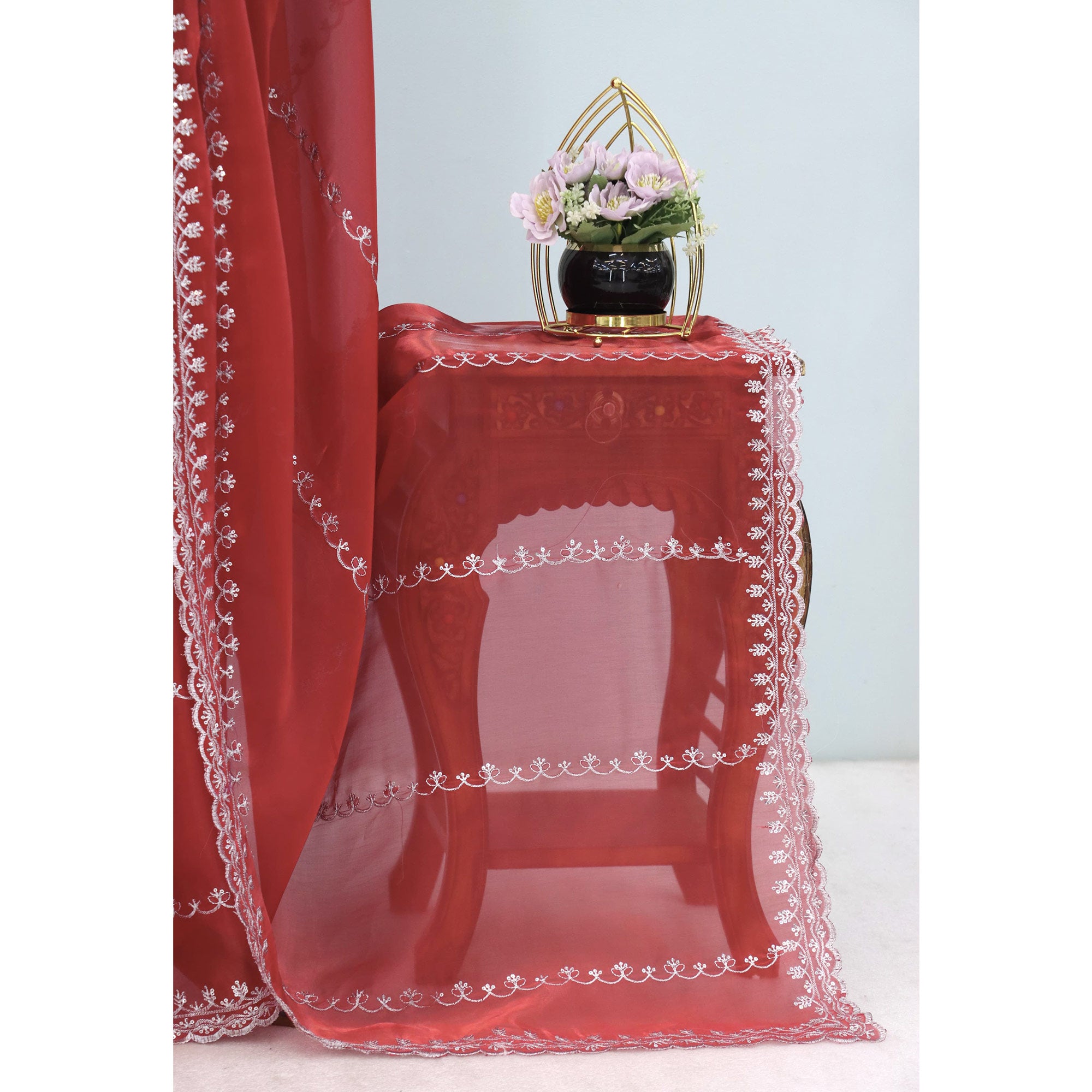 Red Sequins Embroidered Satin Saree