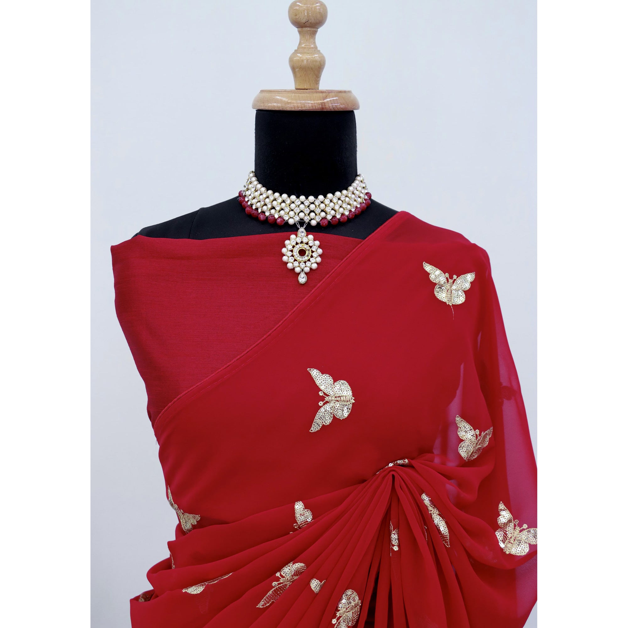Red Embroidered Georgette Saree With Shimmering Butterfly Sequin Work