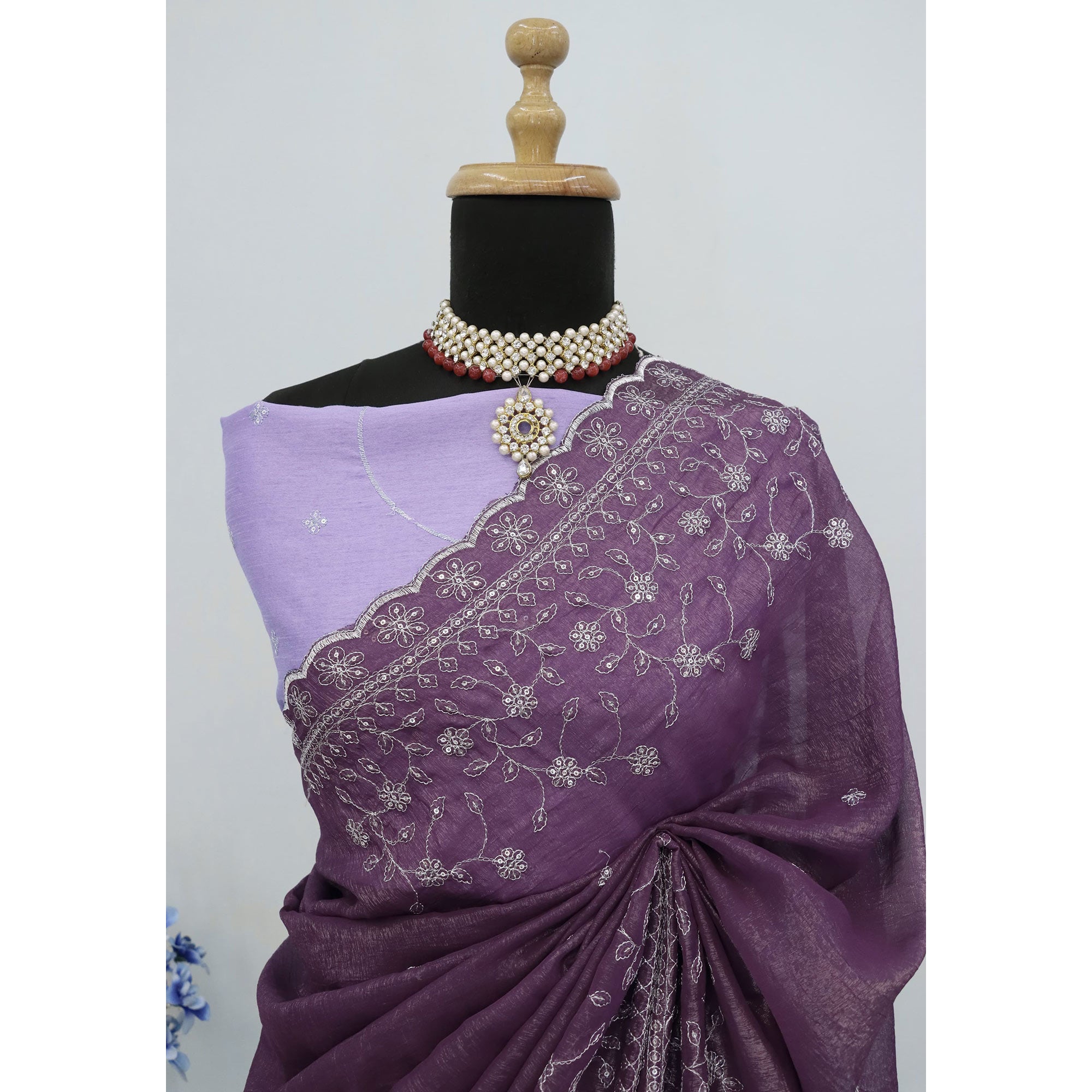 Dusty Lavender Silk Blend Crush Saree Adorned With Floral Thread Embroidery & Sequins