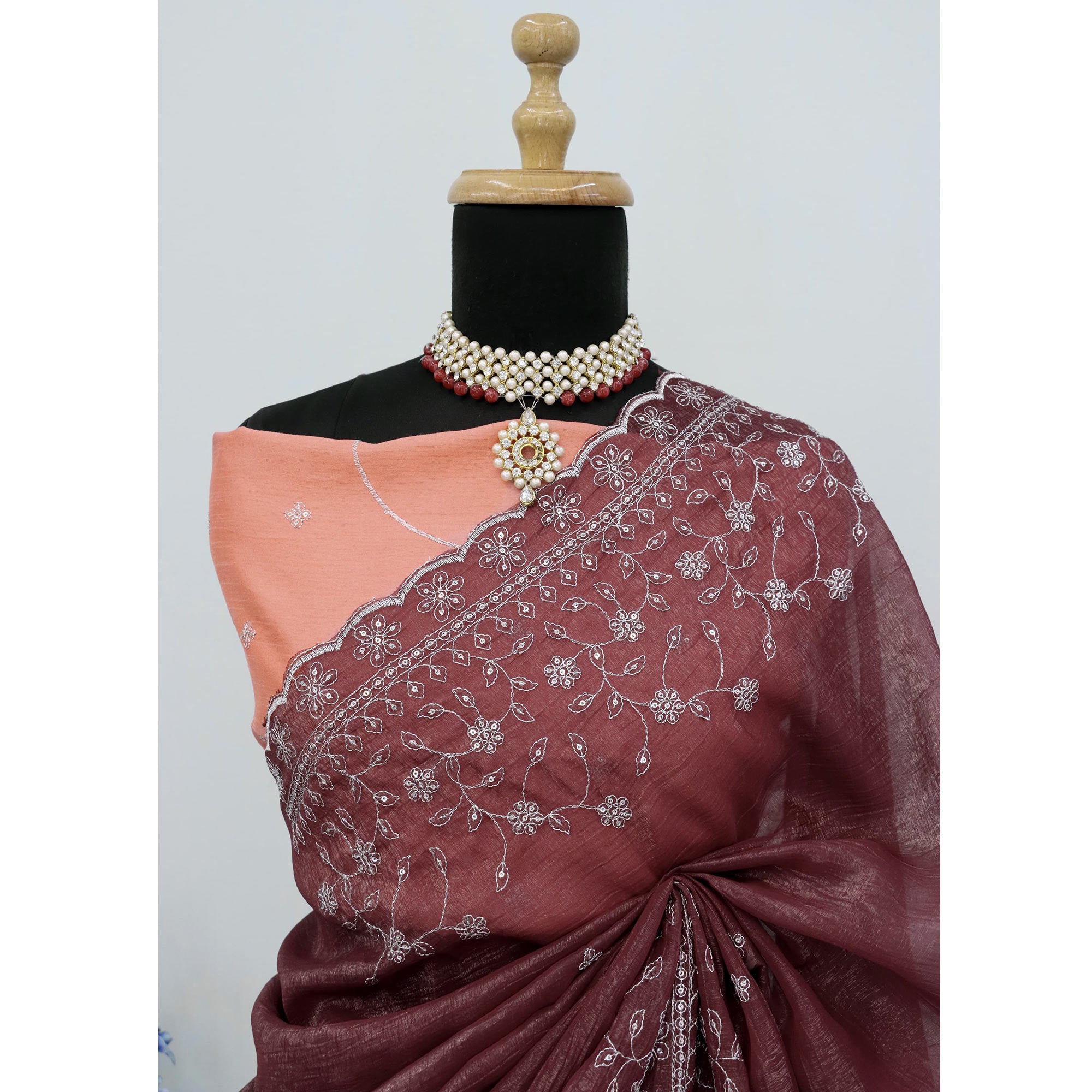 Dusty Maroon Silk Blend Crush Saree Adorned With Floral Thread Embroidery & Sequins
