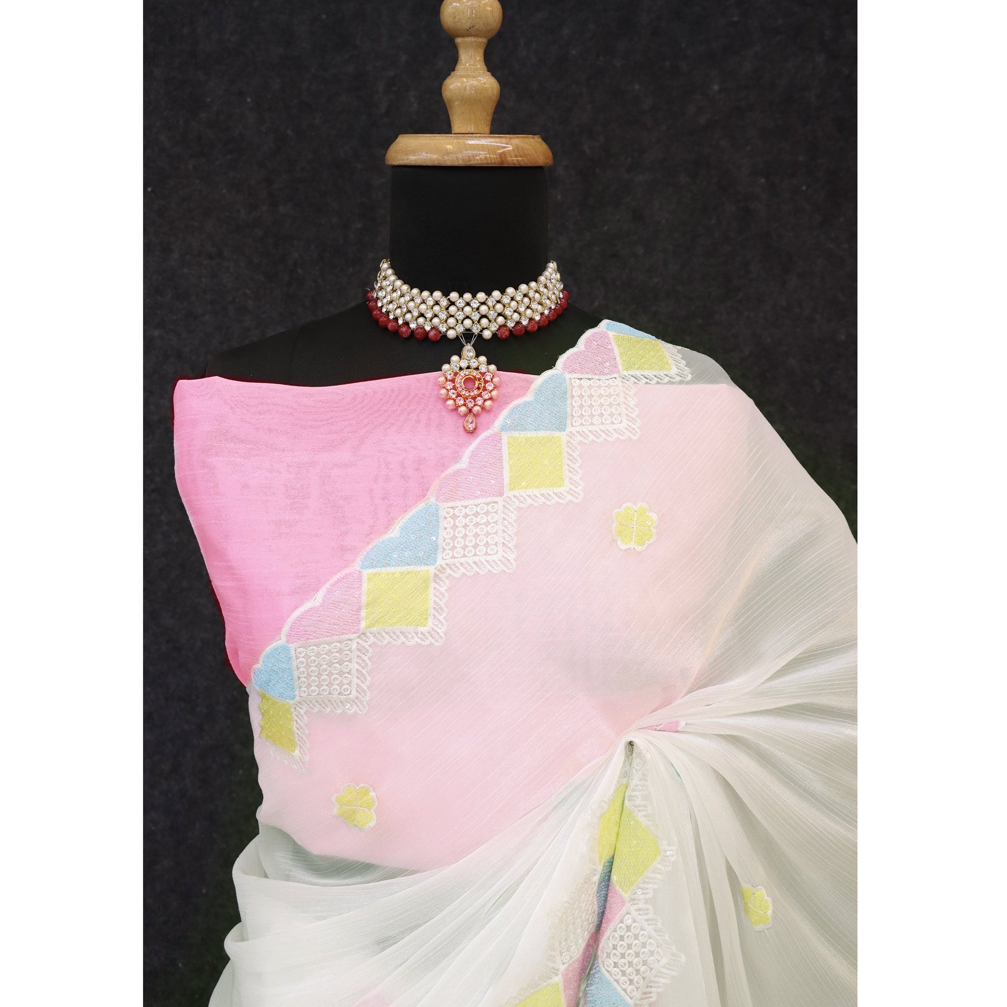 Graceful White Chiffon Silk Saree Adorned With Delicate Floral Sequin Work