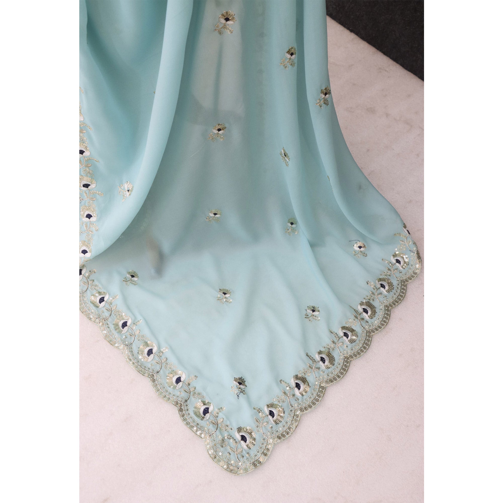 Blue Georgette Silk Saree With Floral Sequin Embroidery & Graceful Cutwork Detailing Border