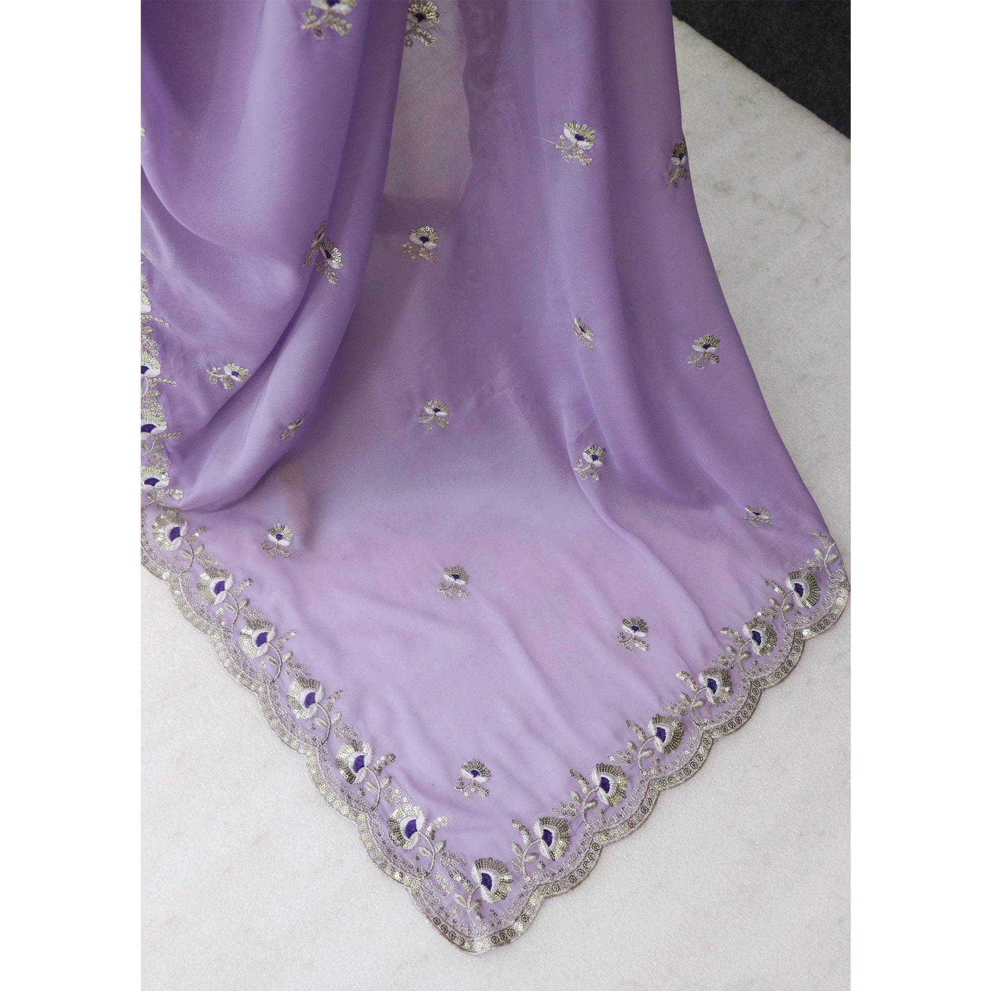 Lavender Georgette Silk Saree With Floral Sequin Embroidery & Graceful Cutwork Detailing Border