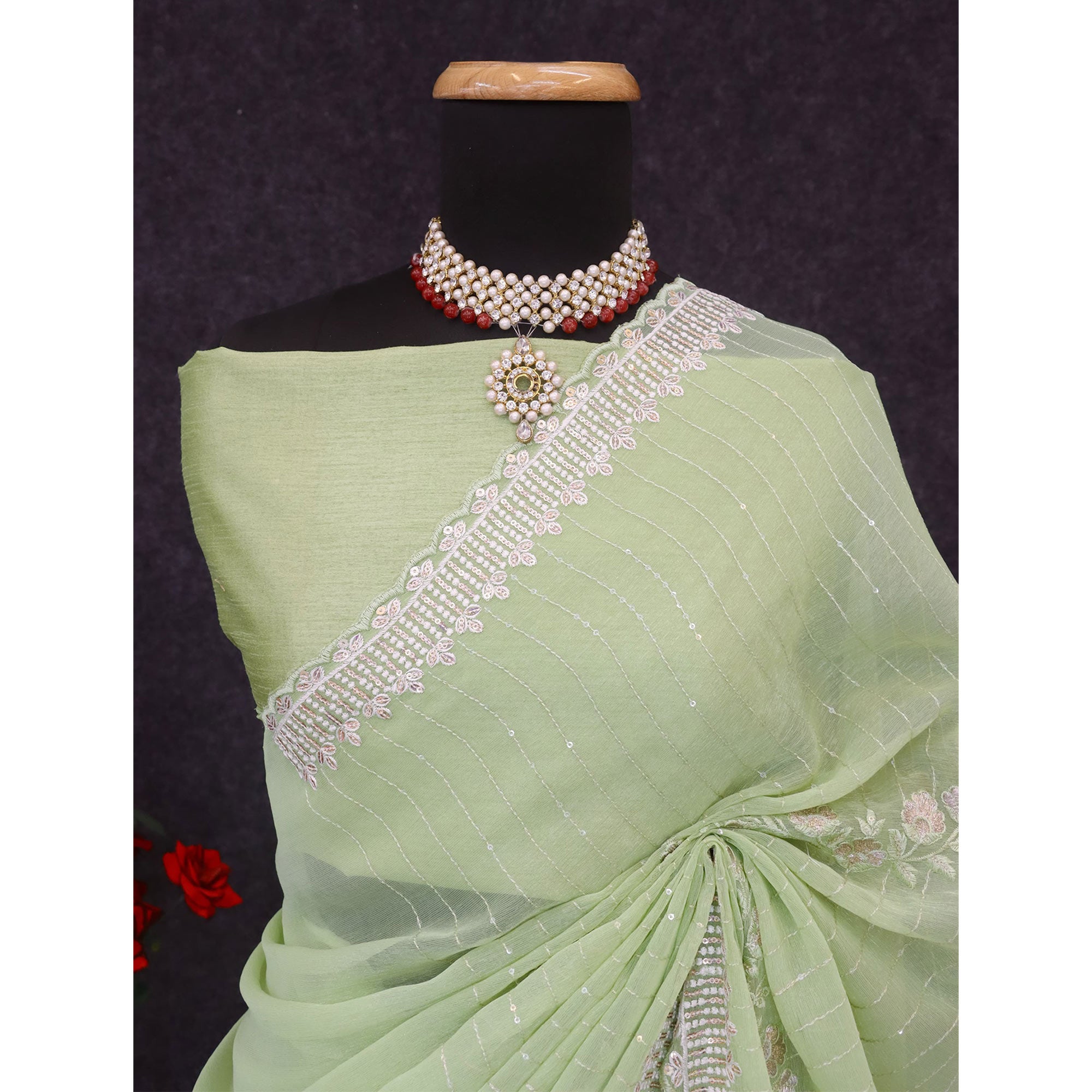 Green Shimmer Chiffon Saree with Floral Sequin Embroidery & Fine Cutwork Detailing