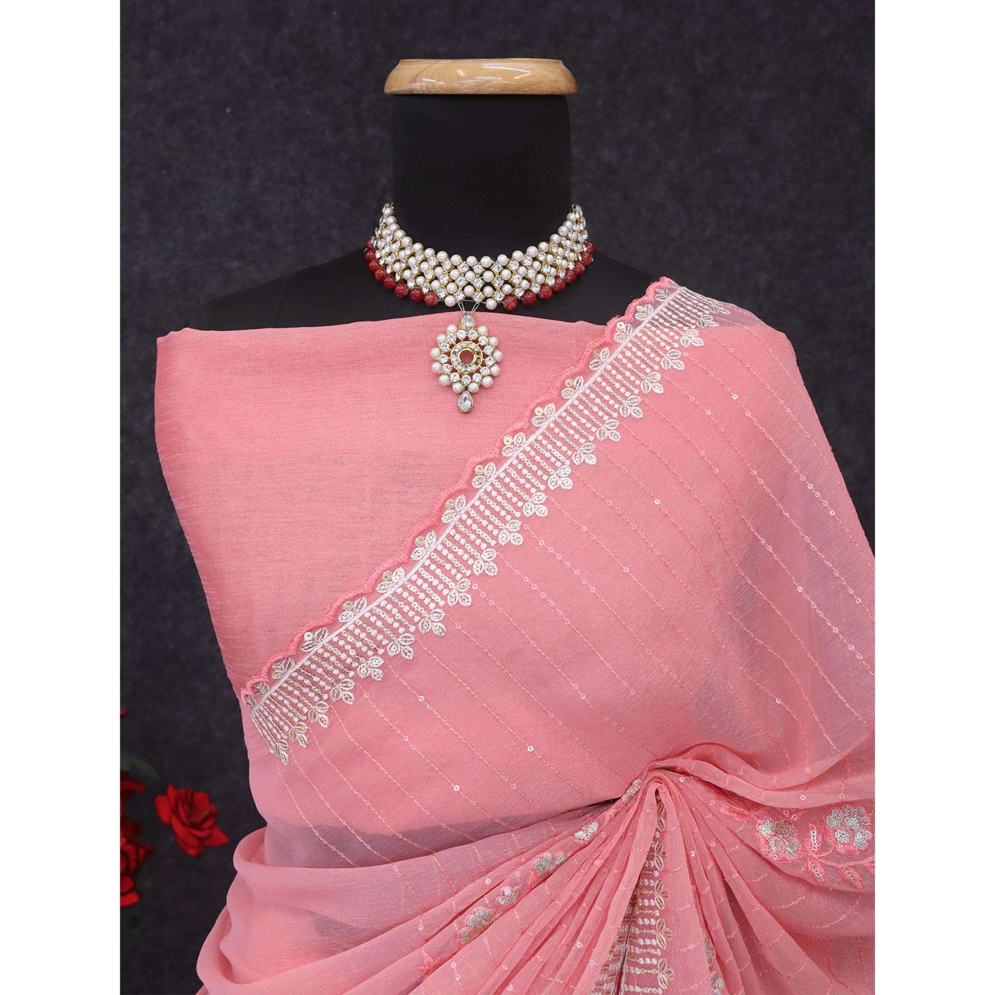 Rose Pink Shimmer Chiffon Saree with Pastel Floral Sequin Embroidery & Delicate Cutwork Border