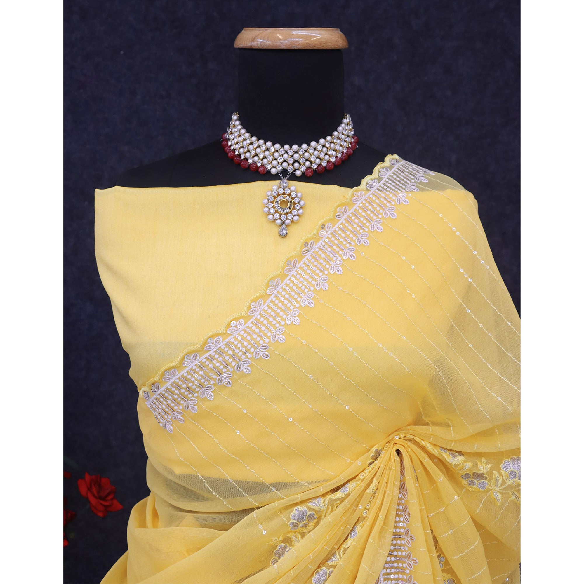 Yellow Shimmer Chiffon Saree with Floral Sequin Embroidery & Intricate Cutwork Border