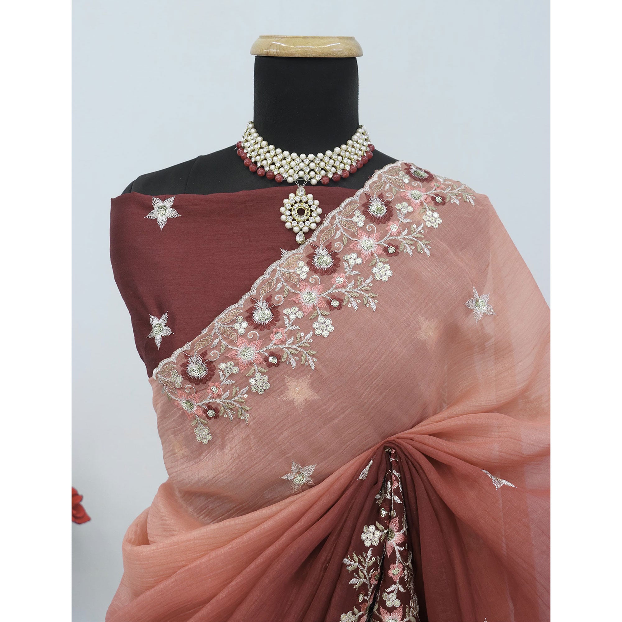 Brown Crunchy Crush Saree Featuring Floral Thread Embroidery & Sequins Embellishment