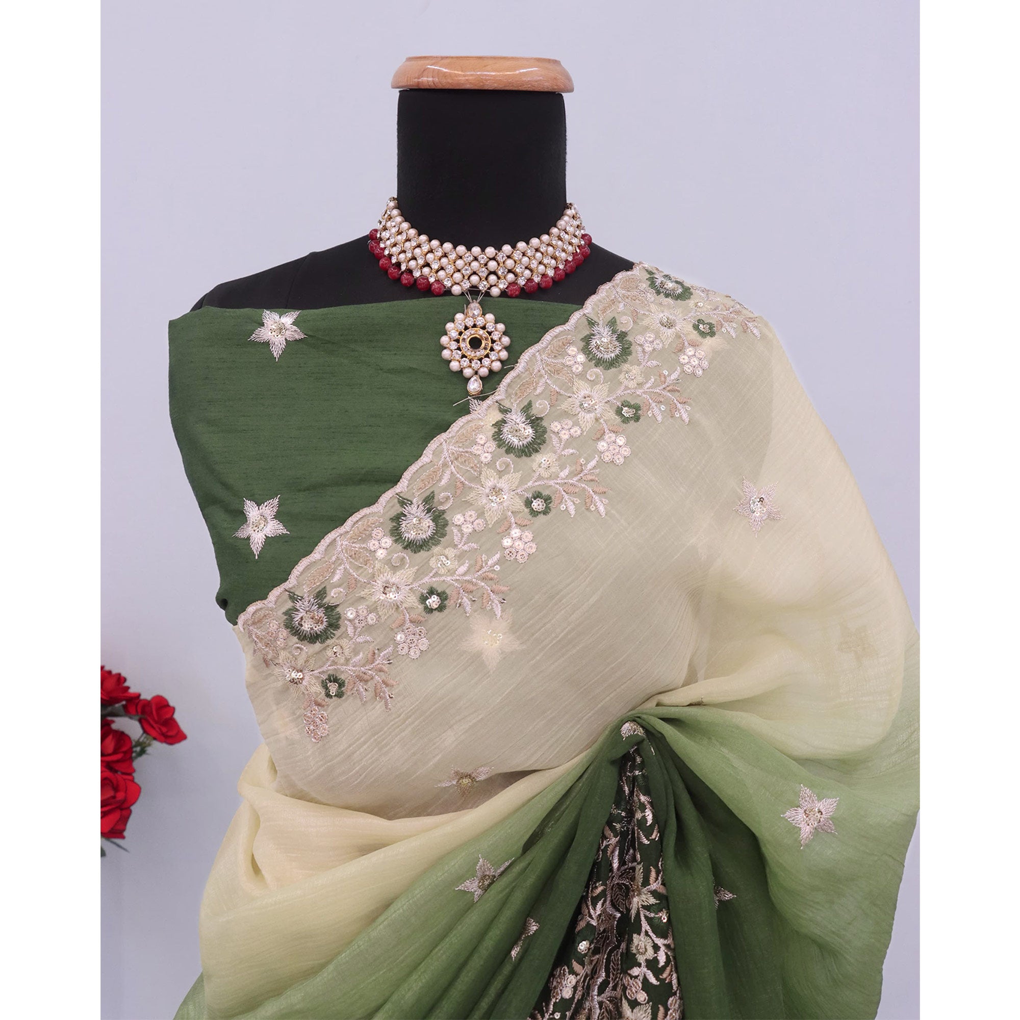 Green Crunchy Crush Saree Featuring Floral Thread Embroidery & Sequins Embellishment
