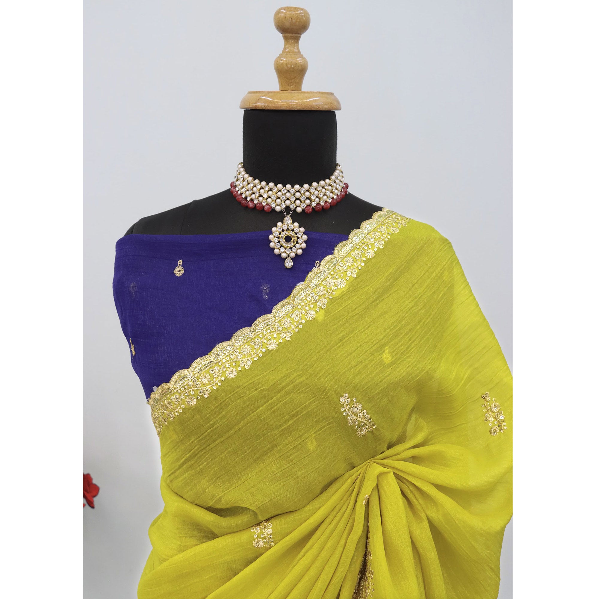 Enchanting Green Crunchy Crush Saree With Delicate Floral Thread Embroidery & Sparkling Sequins Accents