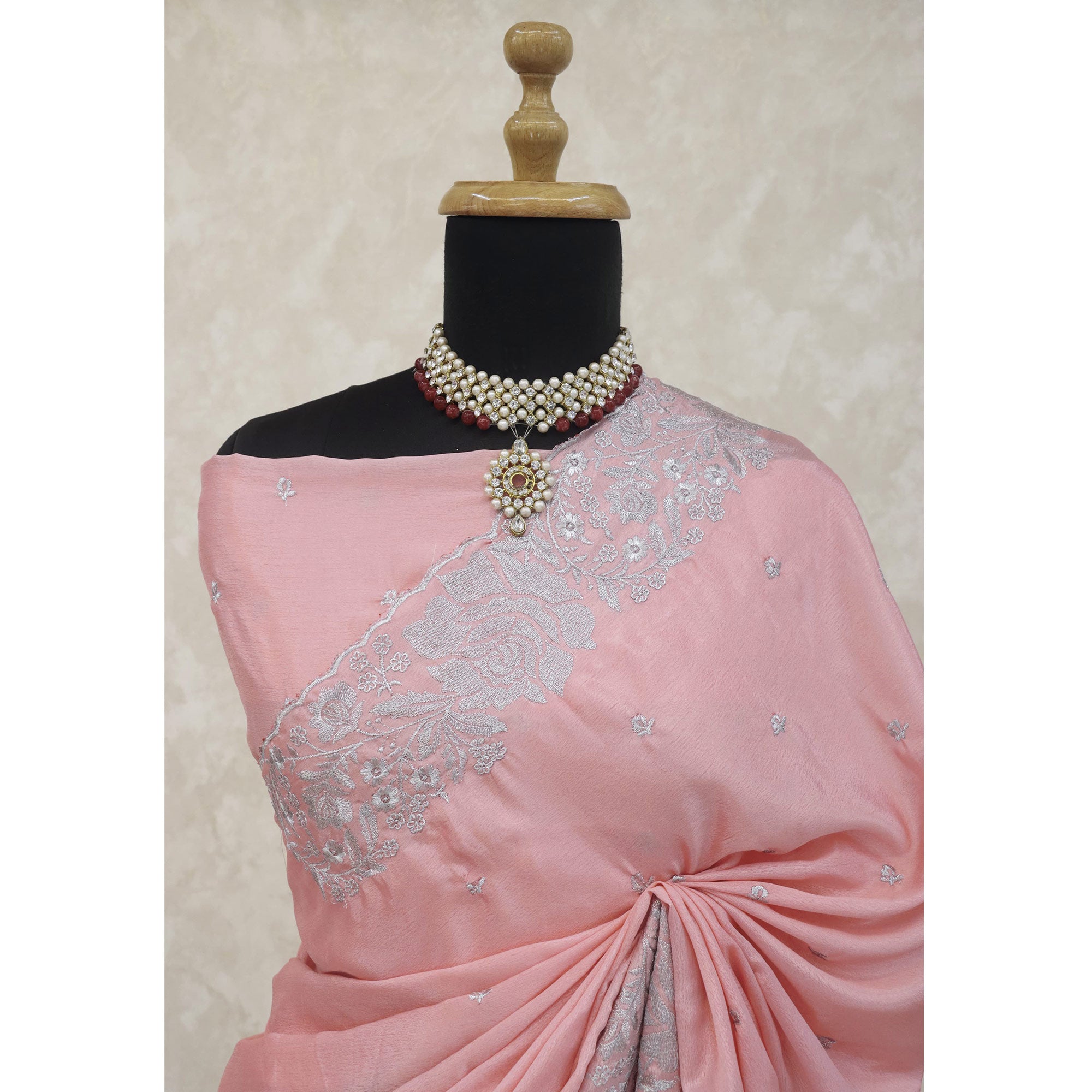 Graceful Baby Pink Chinon Chiffon Saree With Intricate Floral Zari Embroidery