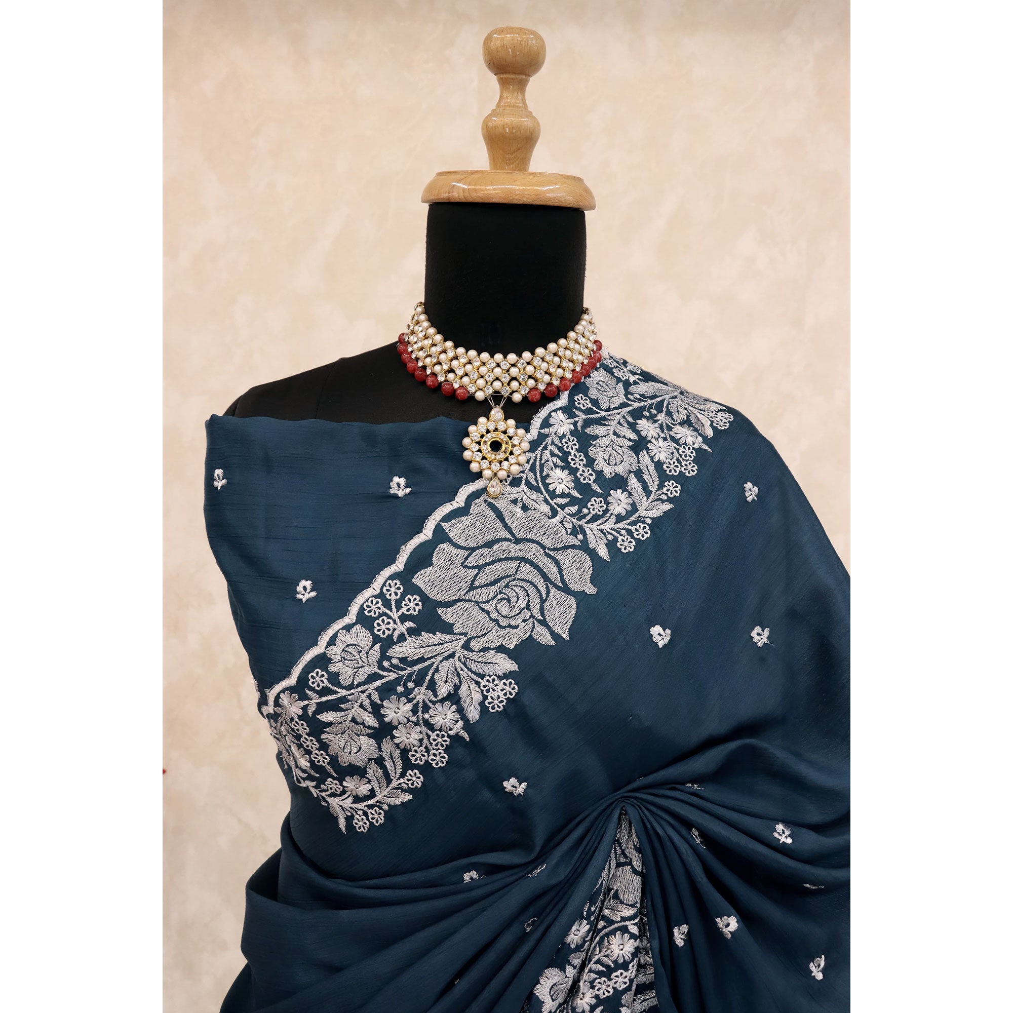 Dark Teal Blue Chinon Chiffon Saree With Graceful Floral Zari Embroidery