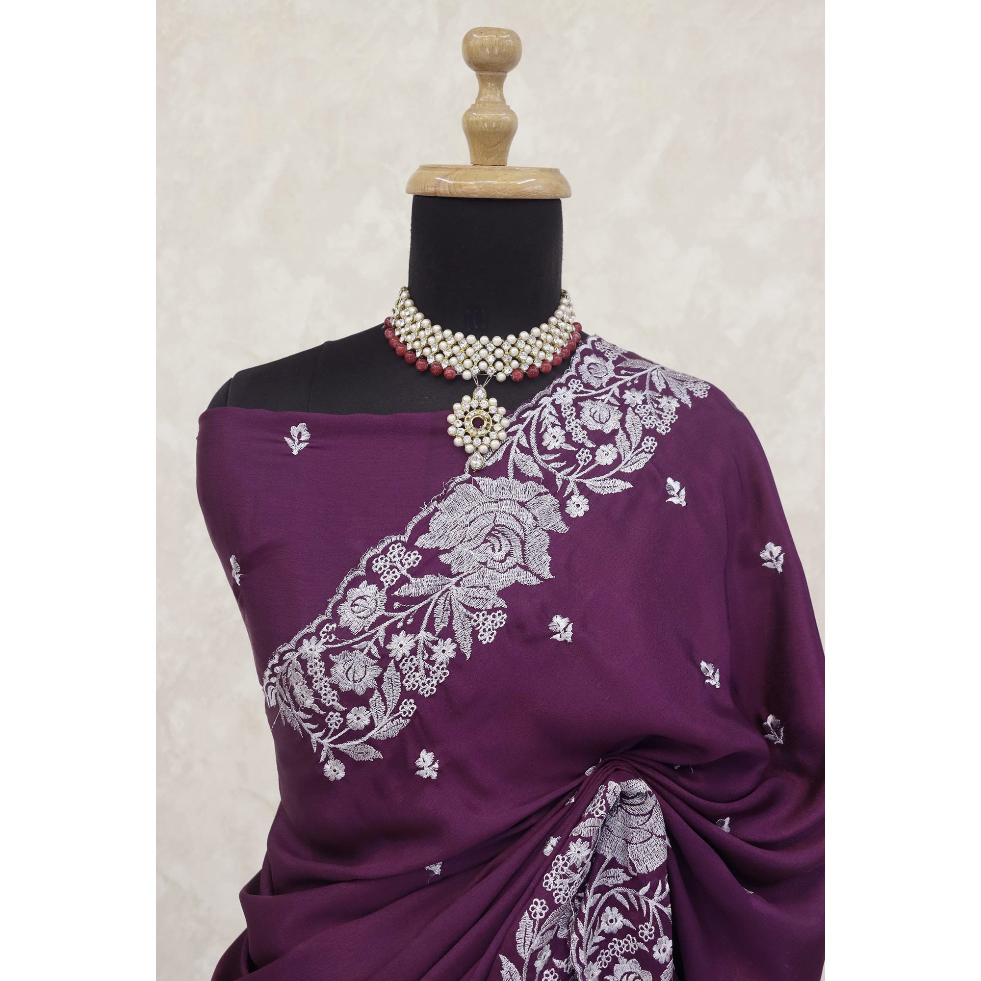 Ethereal Plum Purple Saree With Intricate Floral Zari Accents On Chinon Chiffon