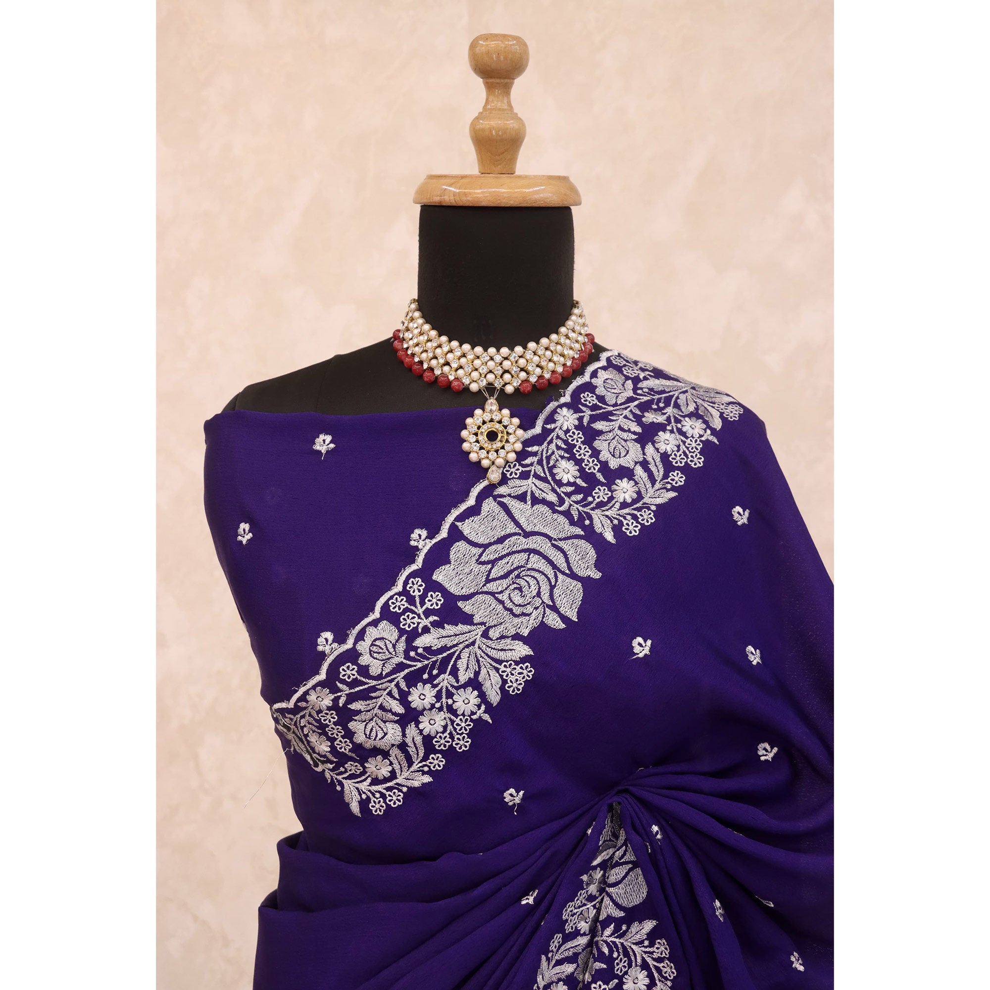 Luxurious Royal Purple Saree Adorned With Delicate Floral Zari Work On Chinon Chiffon