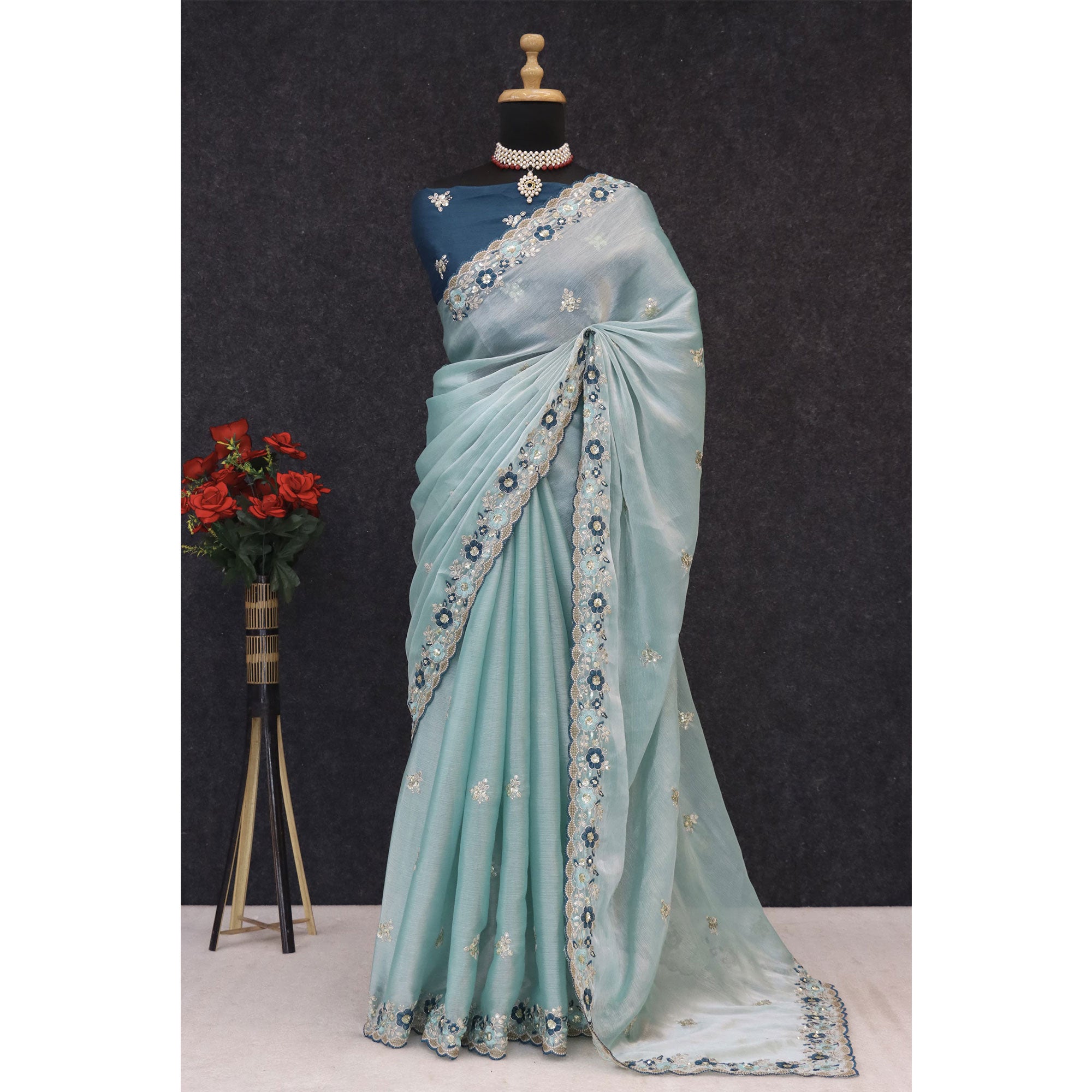 Blue Jimmy Choo Chiffon Saree Adorned With Floral Embroidery & Delicate Sequins Work