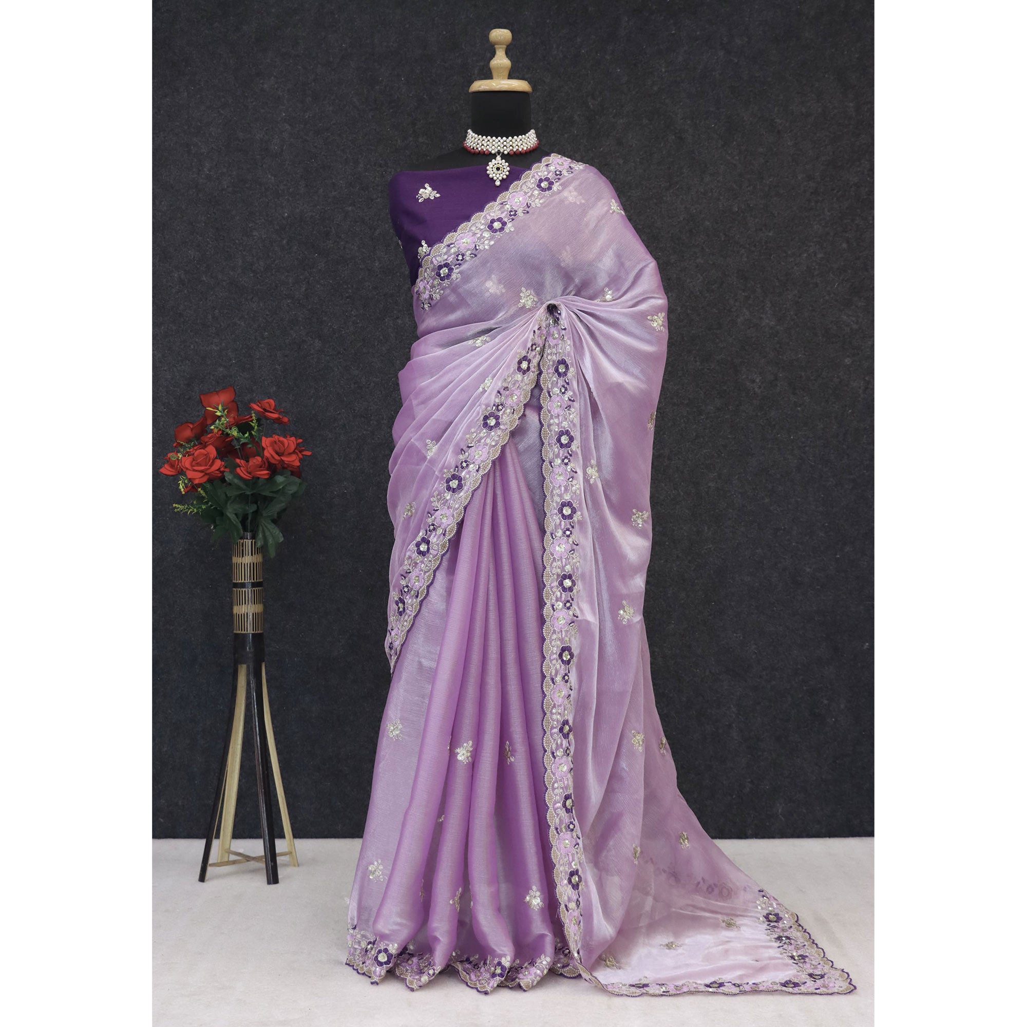 Lavender Jimmy Choo Chiffon Saree Adorned With Floral Embroidery & Delicate Sequins Work