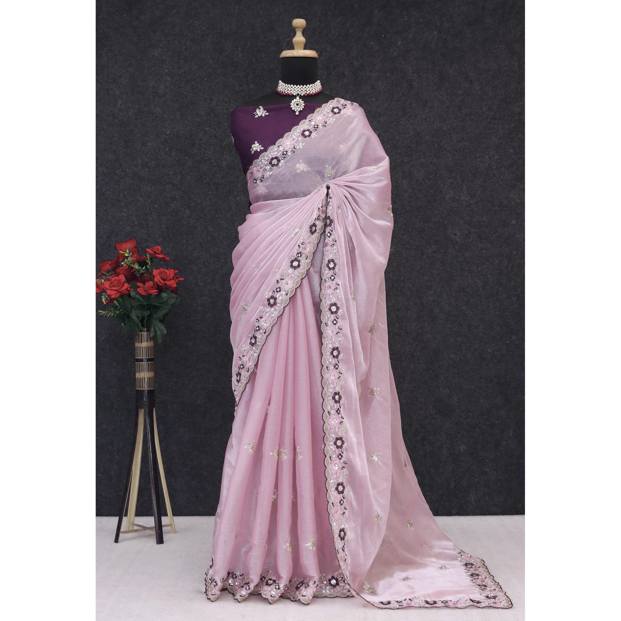 Onion Pink Jimmy Choo Chiffon Saree Adorned With Floral Embroidery & Delicate Sequins Work
