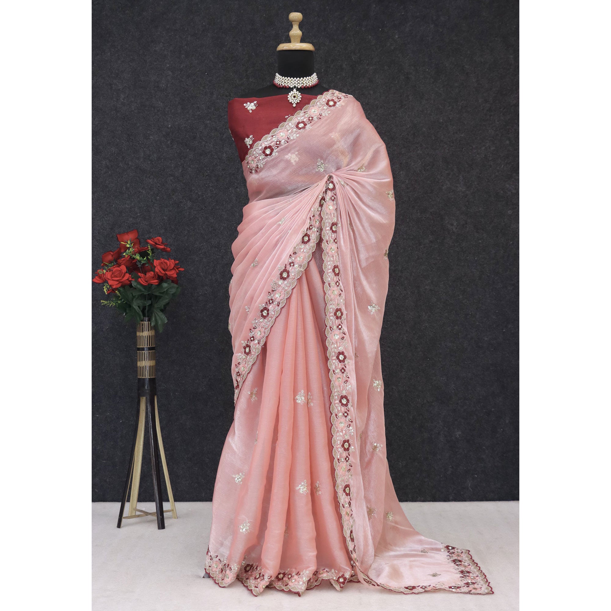Peach Jimmy Choo Chiffon Saree Adorned With Floral Embroidery & Delicate Sequins Work