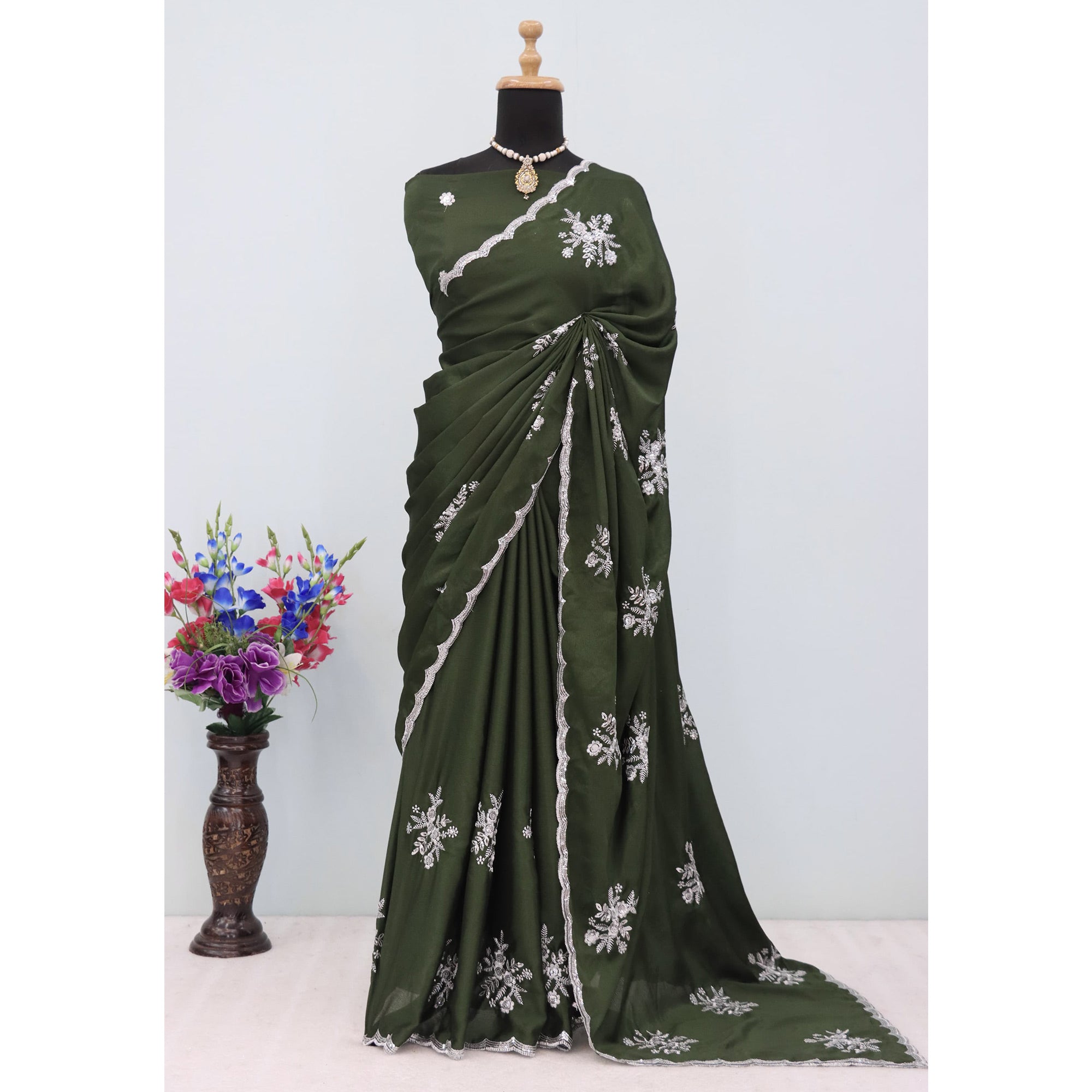 Green Chinon Saree Adorned With Zari Floral Embroidery & Gleaming Sequins Work