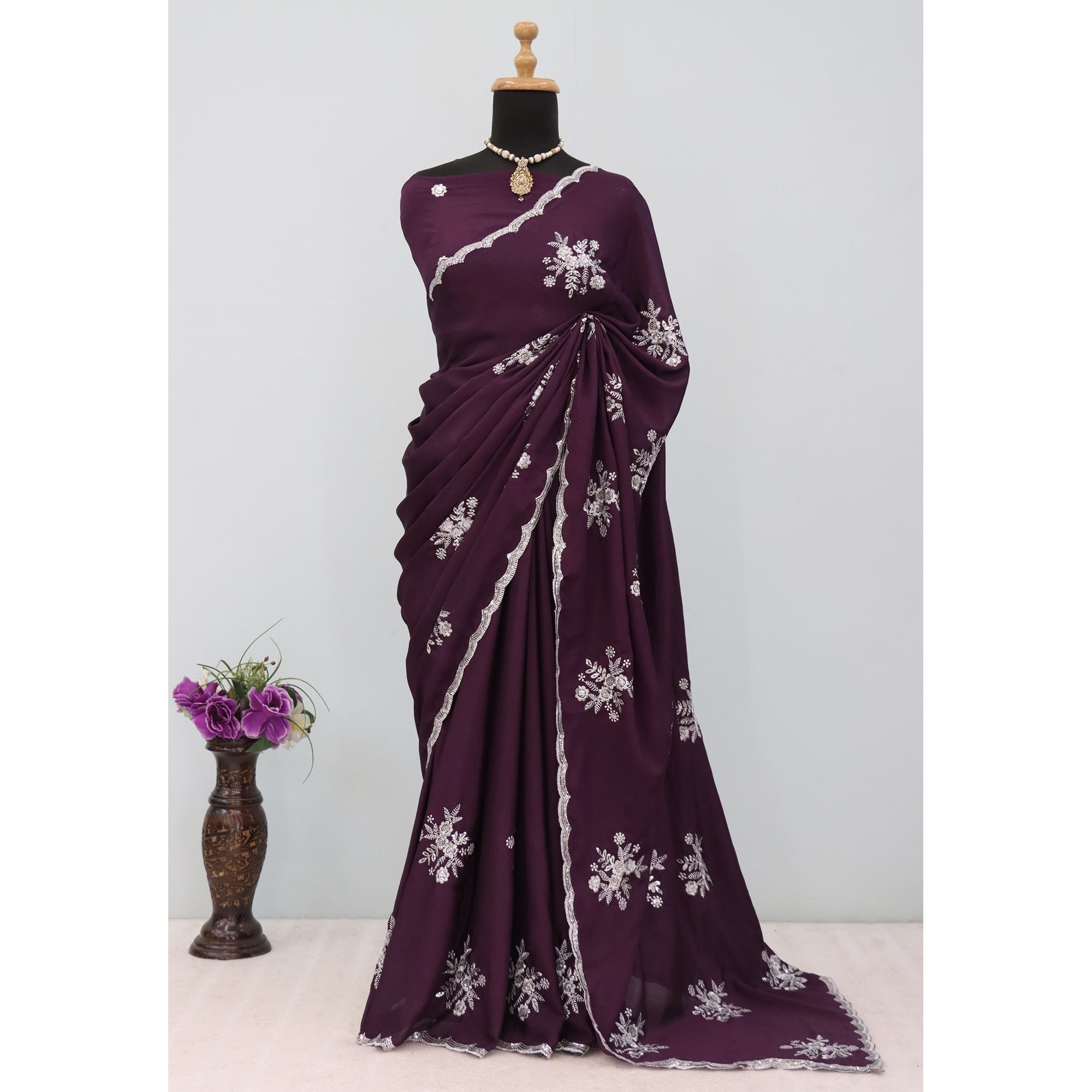 Wine Chinon Saree Adorned With Zari Floral Embroidery & Gleaming Sequins Work