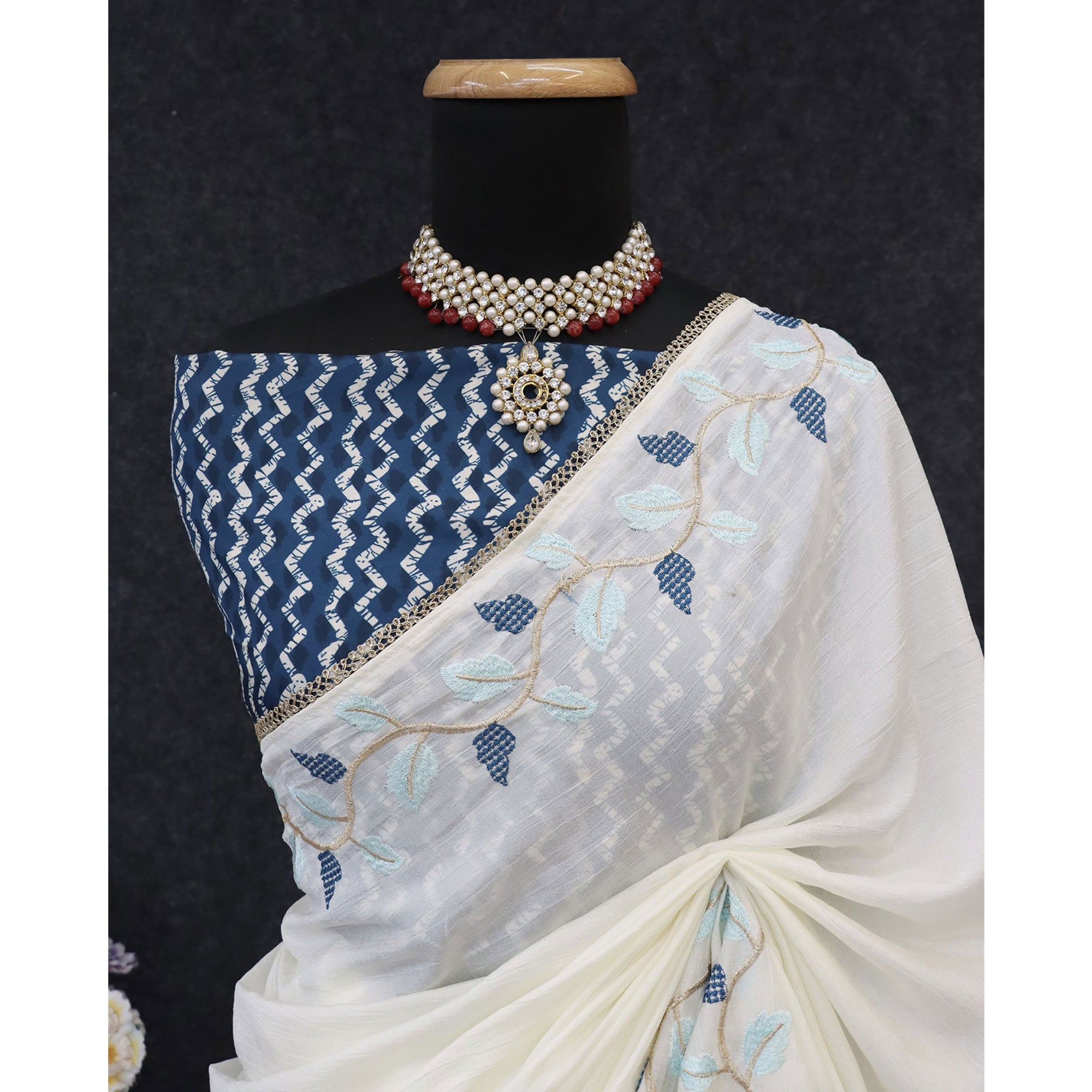 Timeless Offwhite & Blue Pure Silk Saree With Intricate Thread Embroidery And Delicate Lace Border
