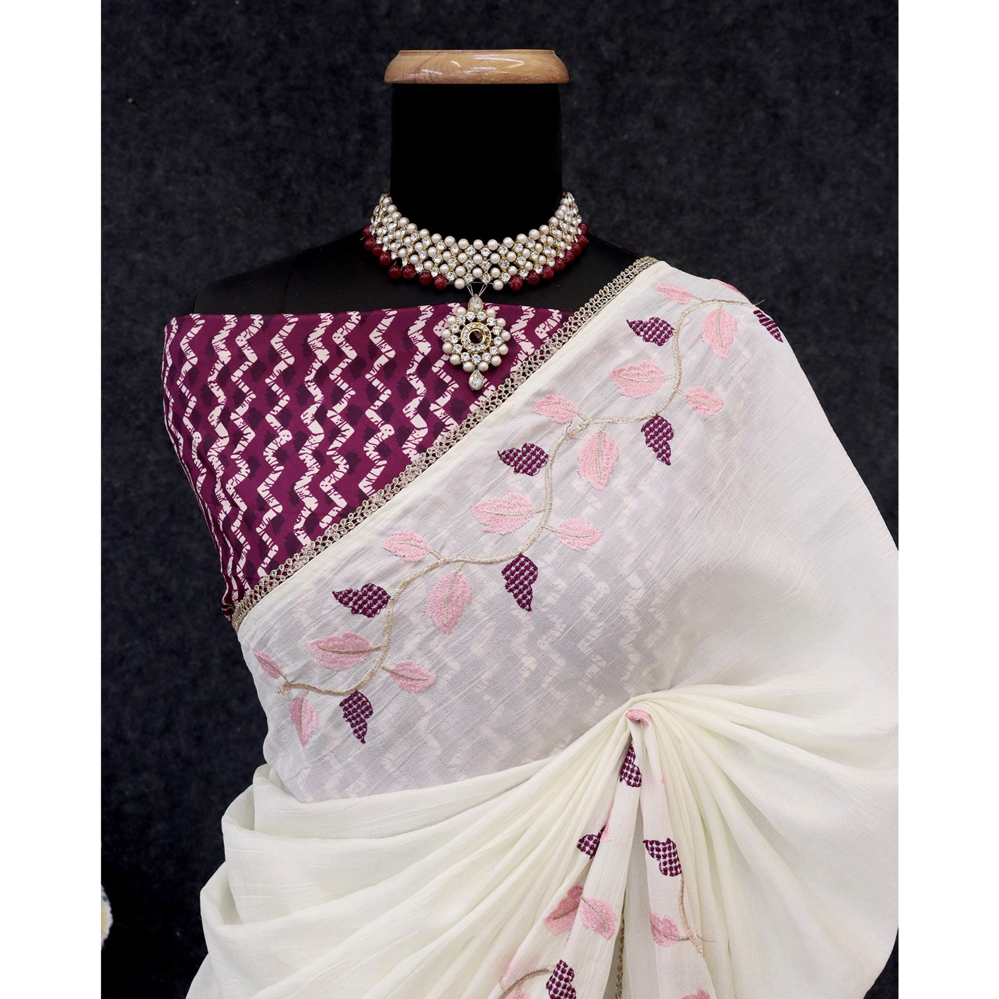 Graceful Offwhite & Wine Pure Silk Saree With Intricate Thread Embroidery And Delicate Lace Border