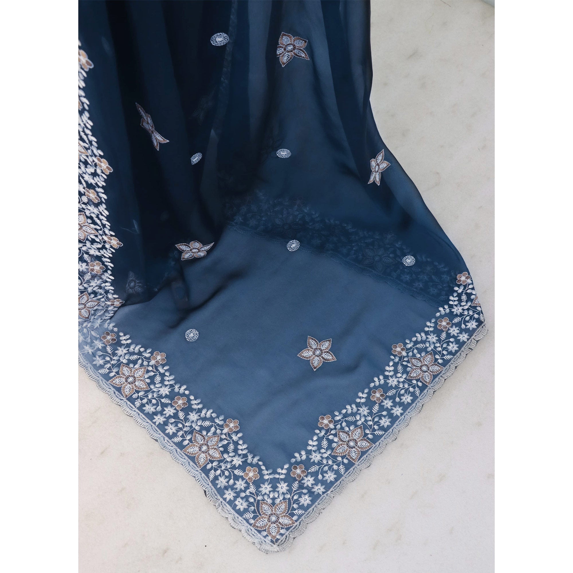 Teal Designer Art Silk Saree Enhanced with Fine Floral Embroidery Work