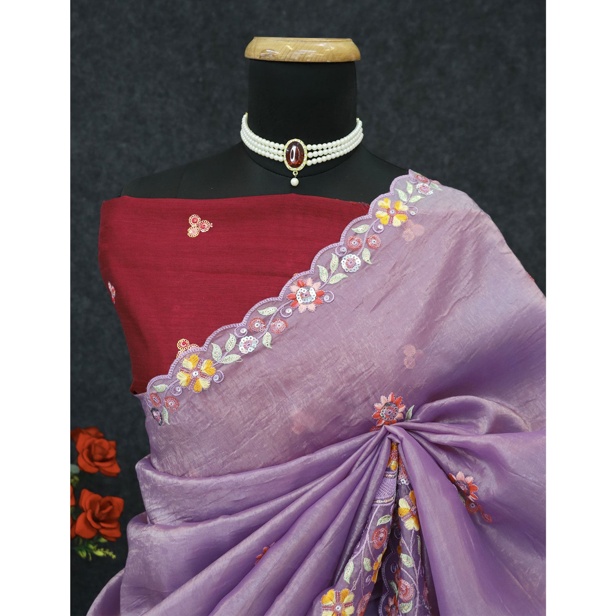 Lavender Elegance Cotton Silk Saree with Floral Sequins Embroidery