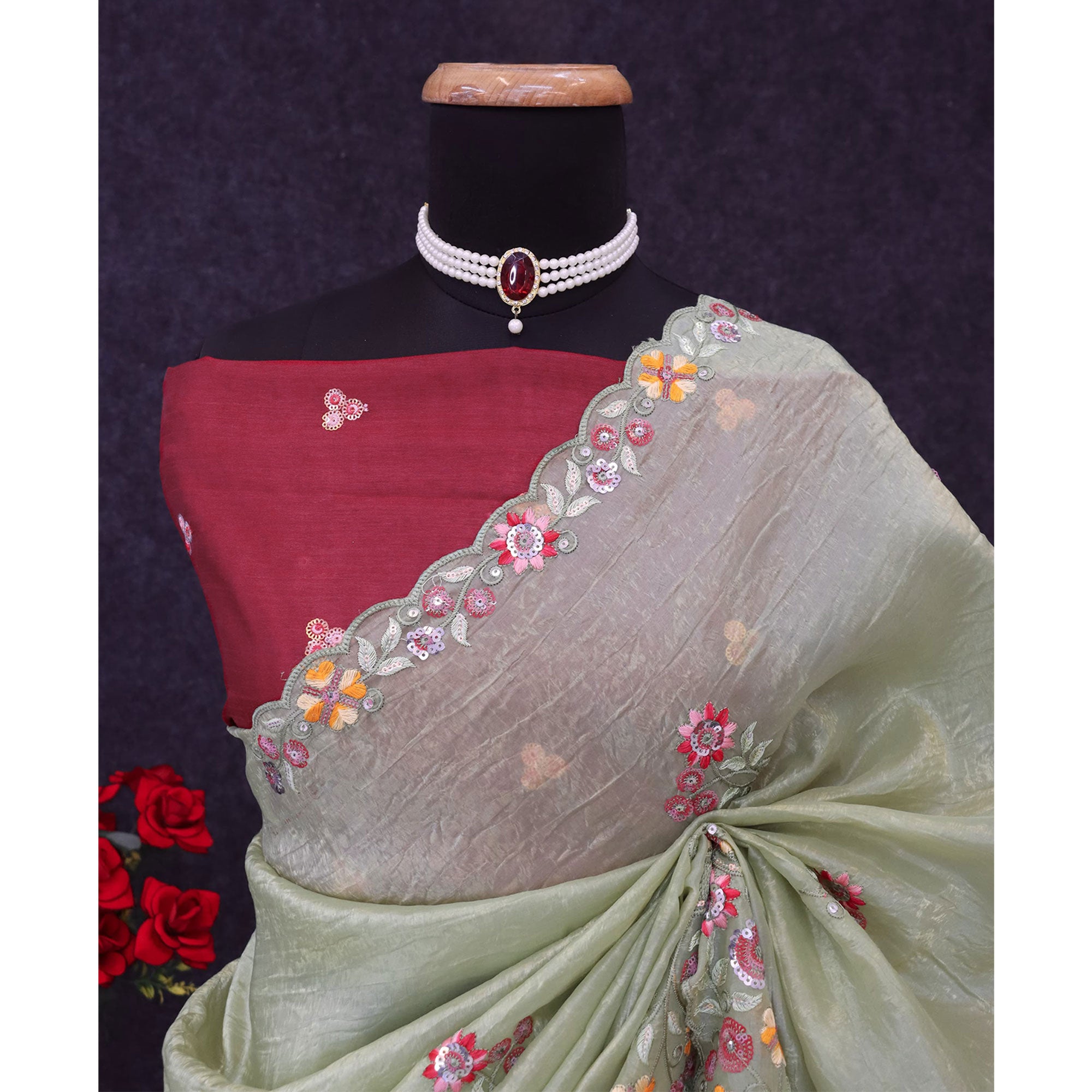 Pista Green Elegance Cotton Silk Saree with Floral Sequins Embroidery