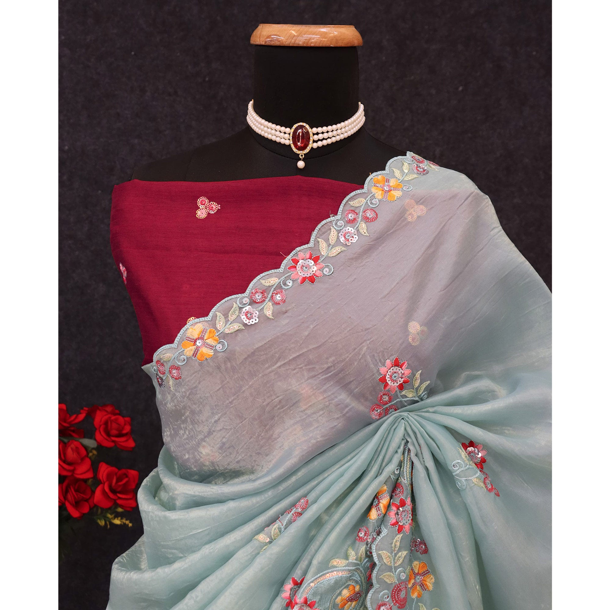 Turquoise Elegance Cotton Silk Saree with Floral Sequins Embroidery