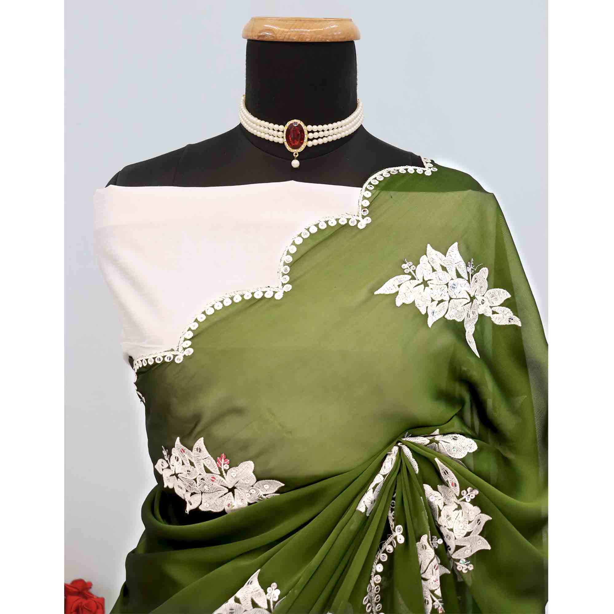 Mehendi Green Silk Blend Saree with Embroidered Floral Design in Sequins & Thread