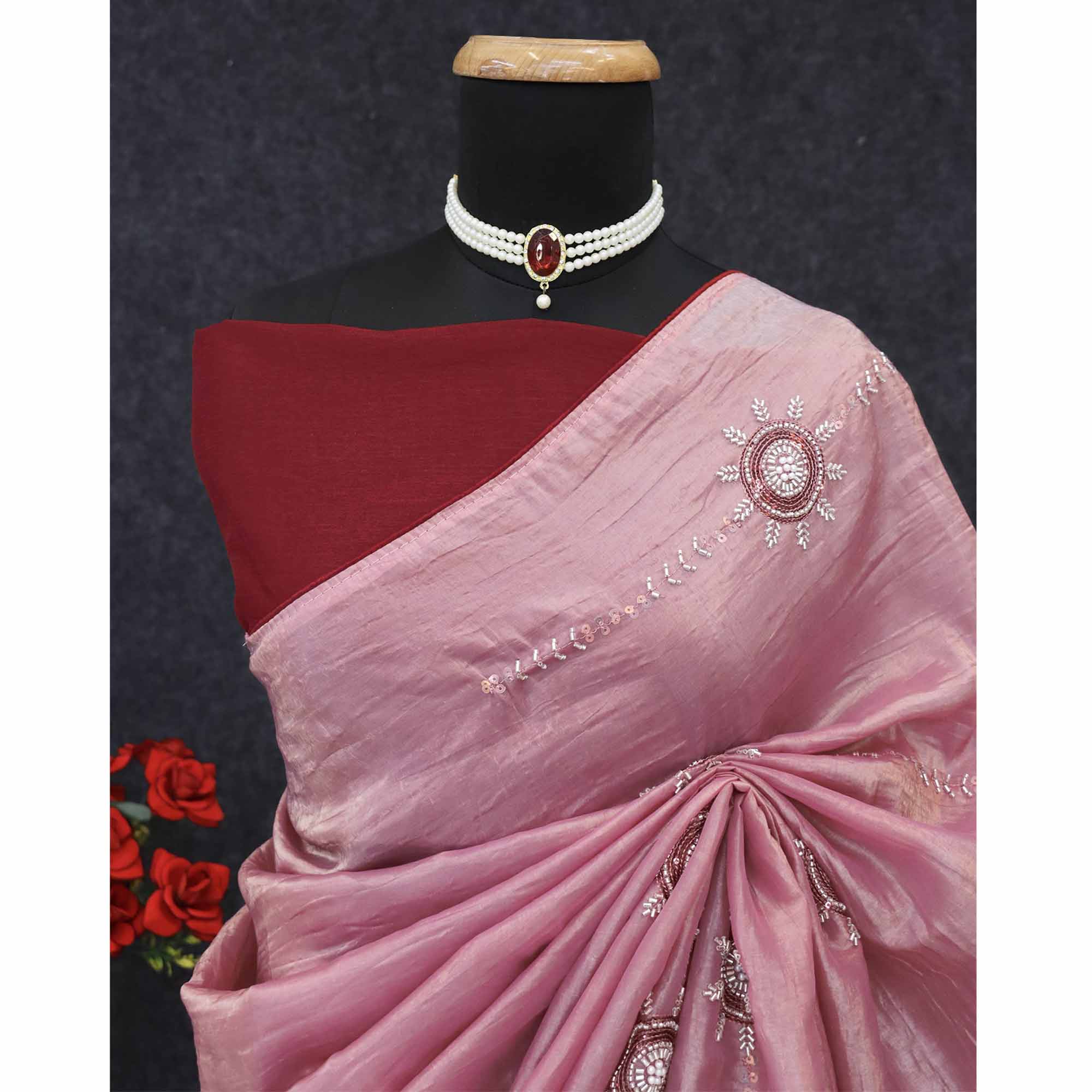 Pink Designer Silk Blend Saree Embellished with Stones & Beads
