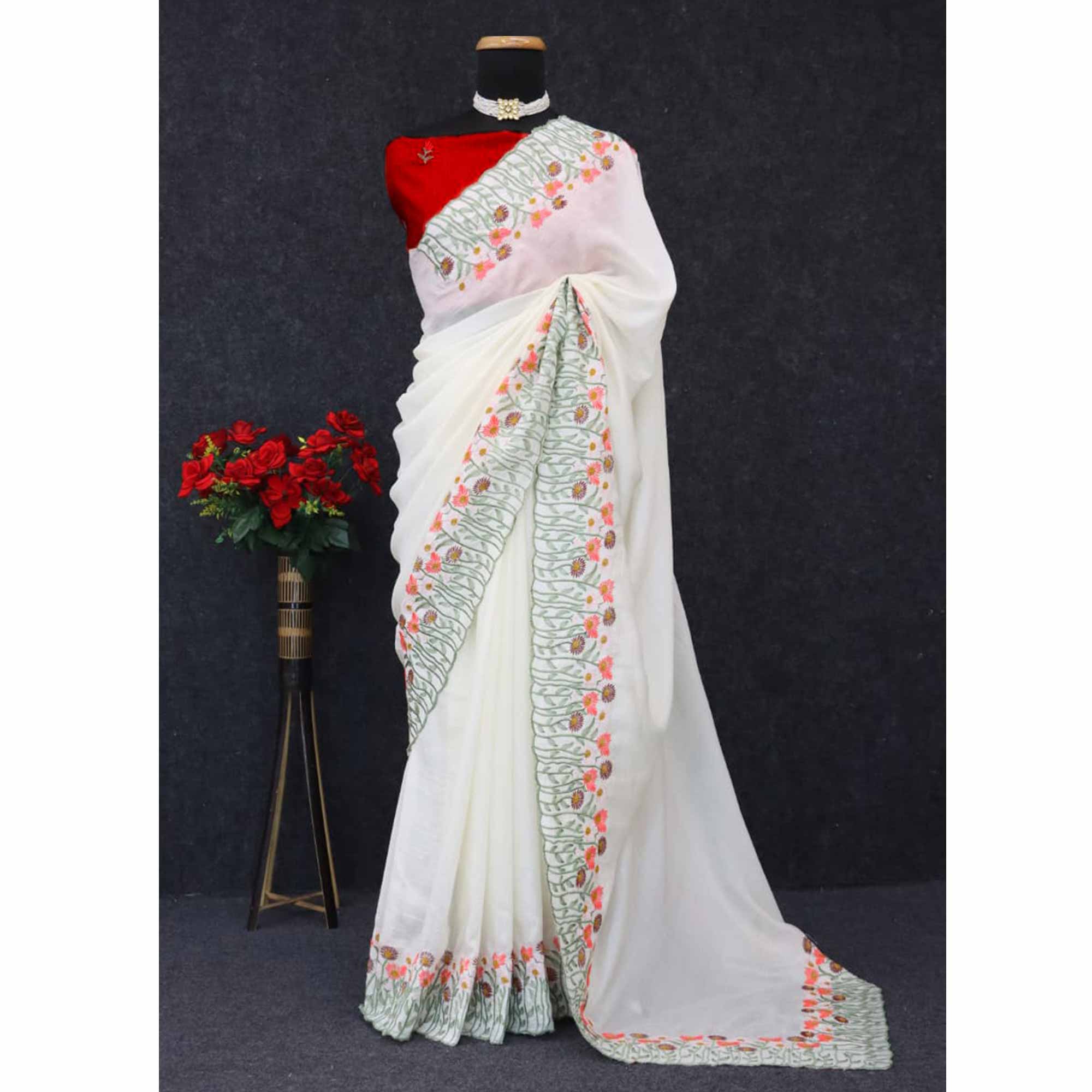 Off White Vichitra Silk Saree with Fine Floral Embroidery for Party and Traditional Styling