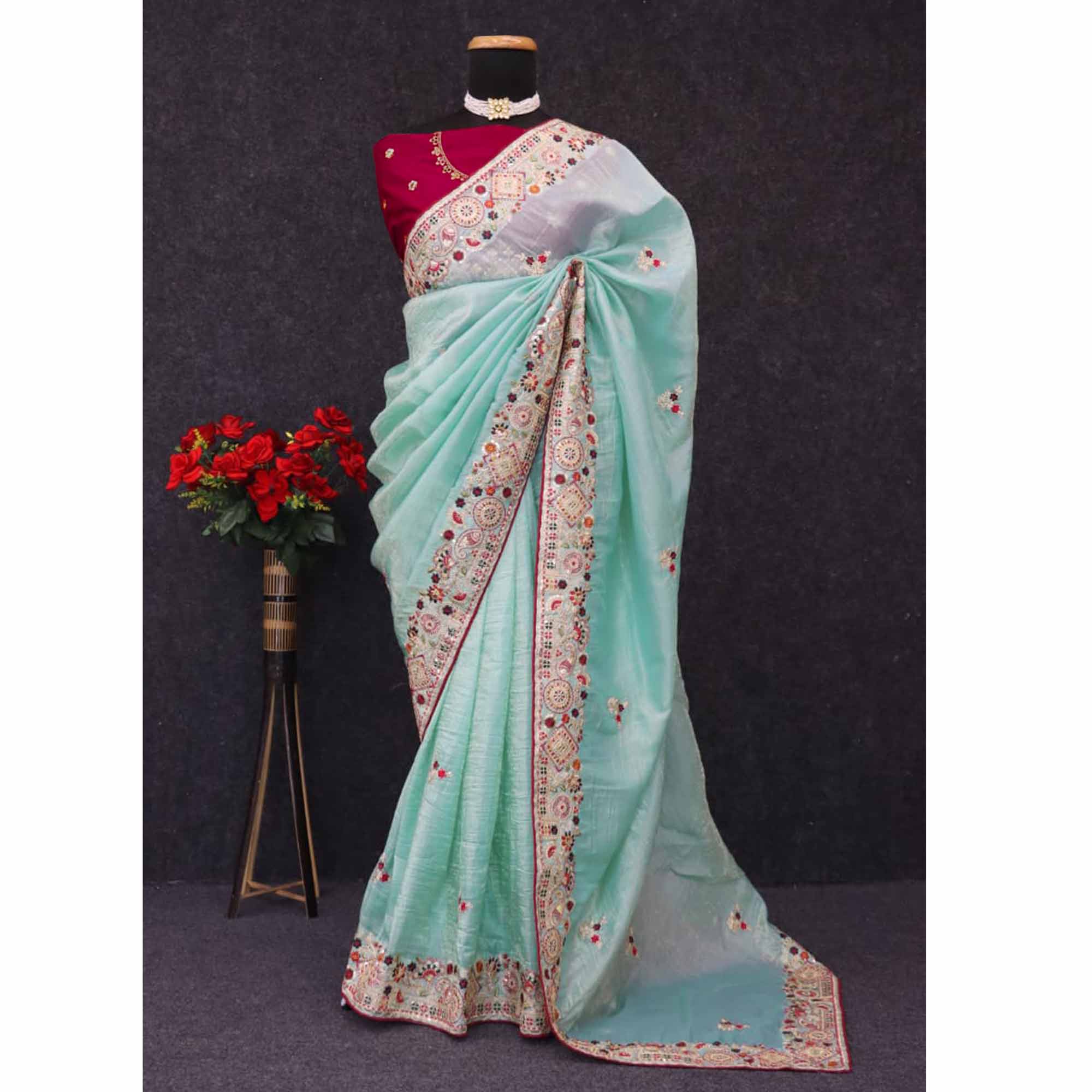 Aqua Blue Saree in Cotton Silk Fabric with Exquisite Floral Sequins Detailing