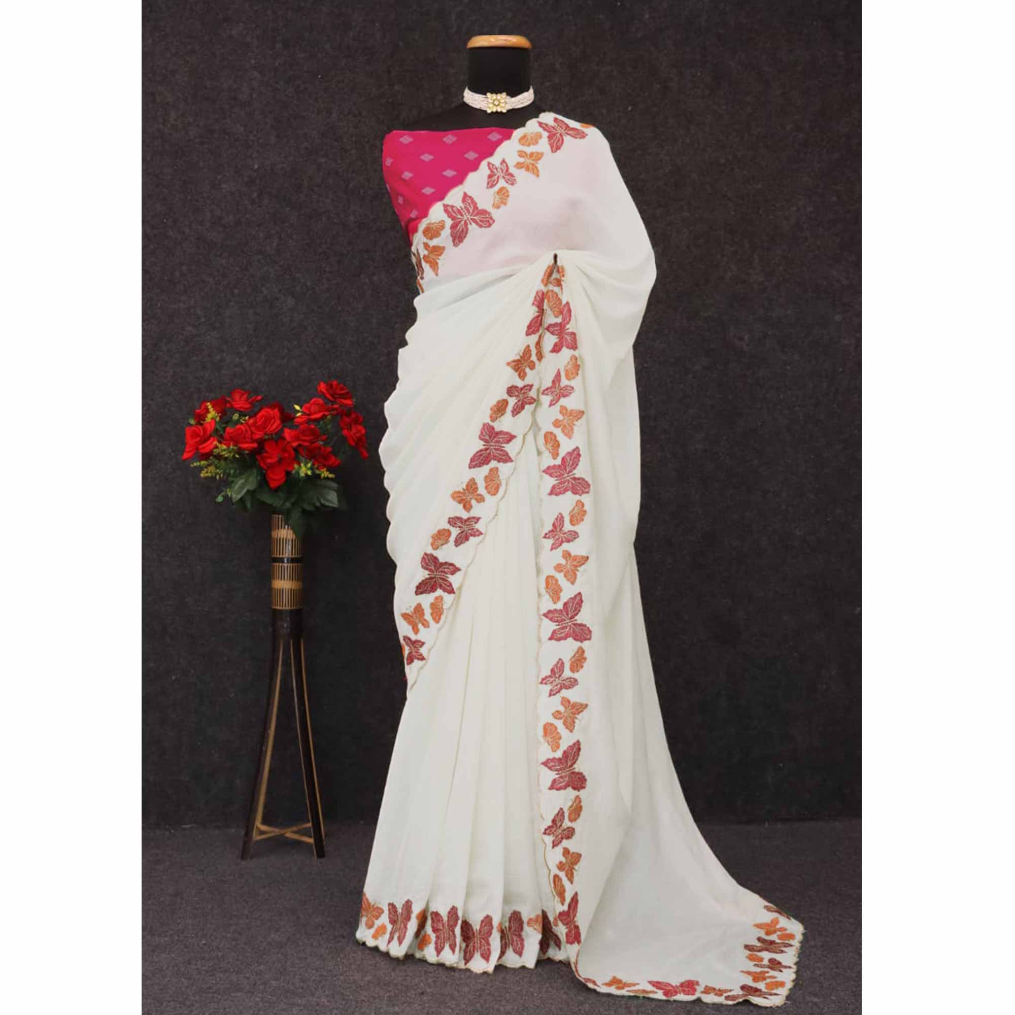 Off White Pure Vichitra Silk Saree with Graceful Butterfly Inspired Embroidery Detailing