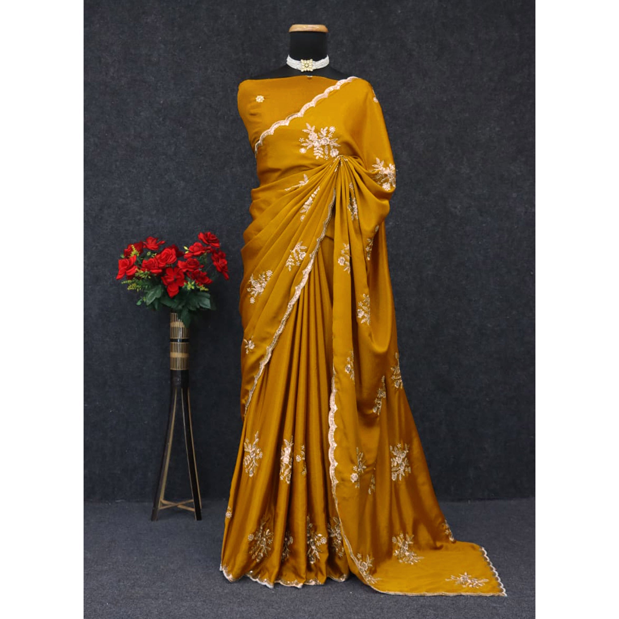 Designer Mustard Pure Chinon Saree Highlighted with Elegant Sequins Embroidery
