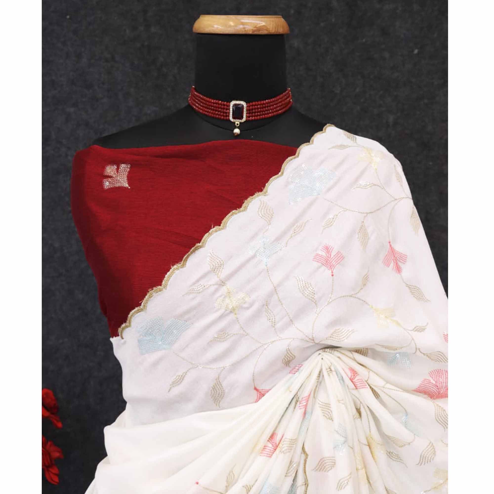 Graceful White Vichitra Silk Saree Adorned With Floral Sequins Embroidery & Golden Arco Border