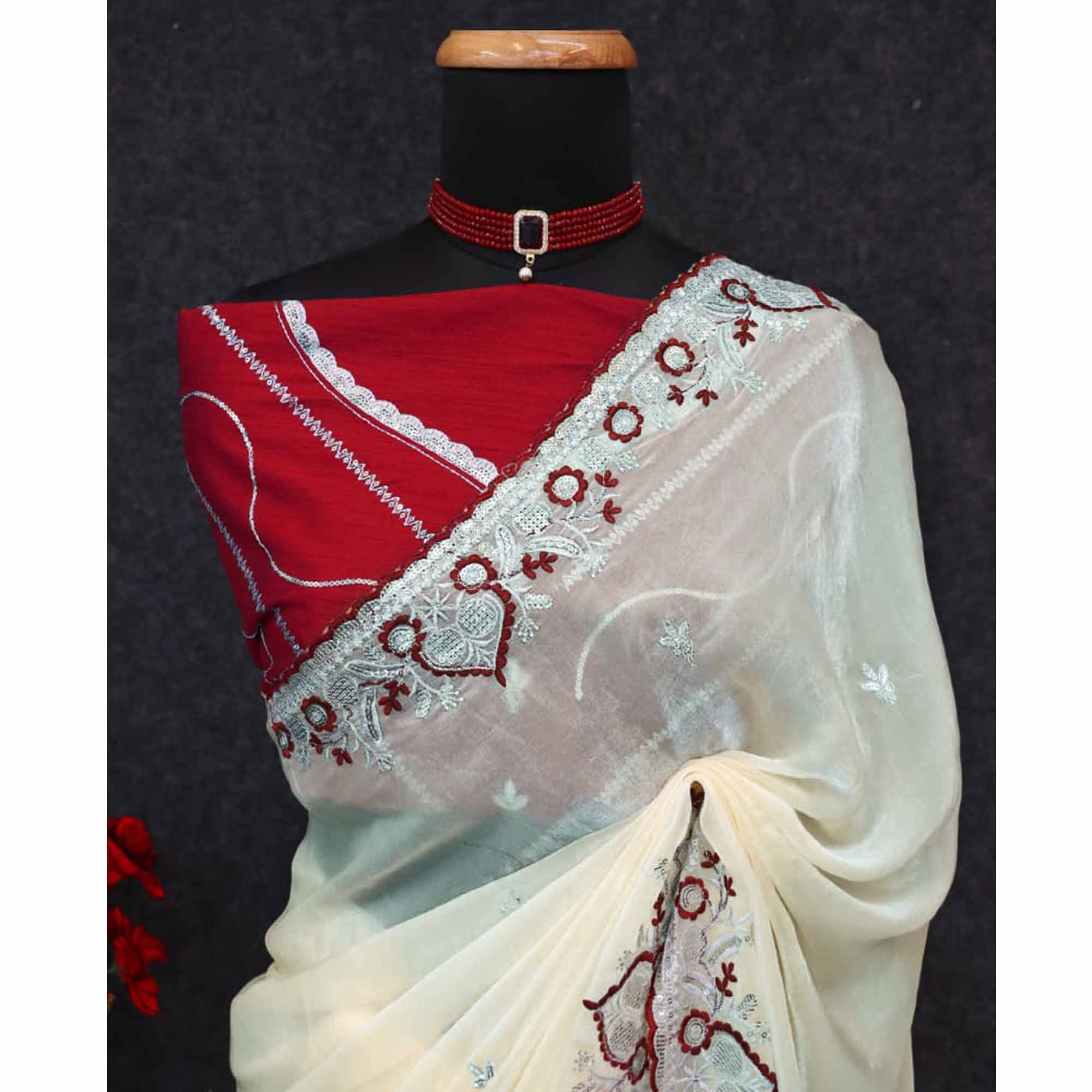 Radiant Cream Tissue Silk Saree Beautifully Embellished With Floral Thread & Sequins Embroidery